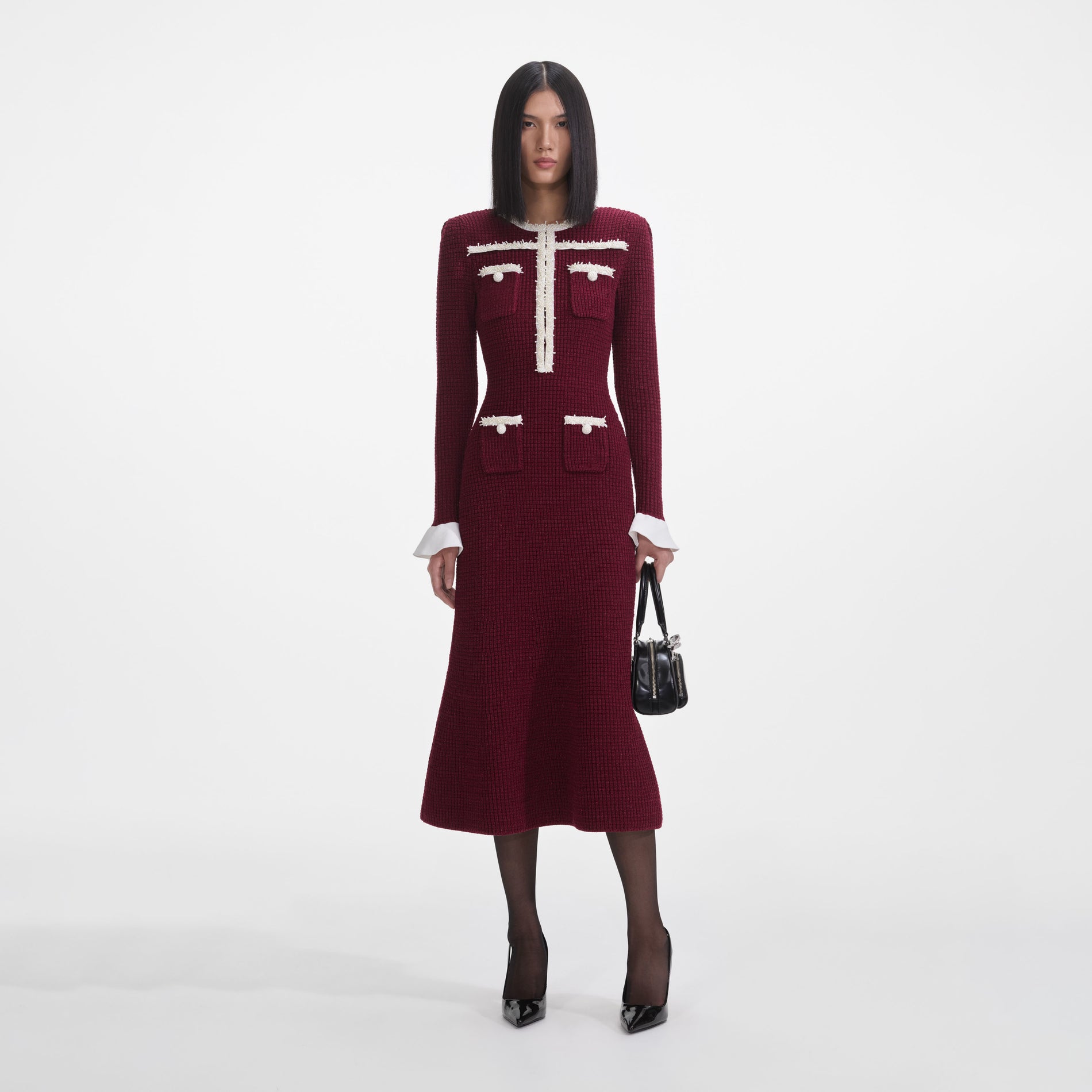 Burgundy Pearl Trim Knit Midi Dress
