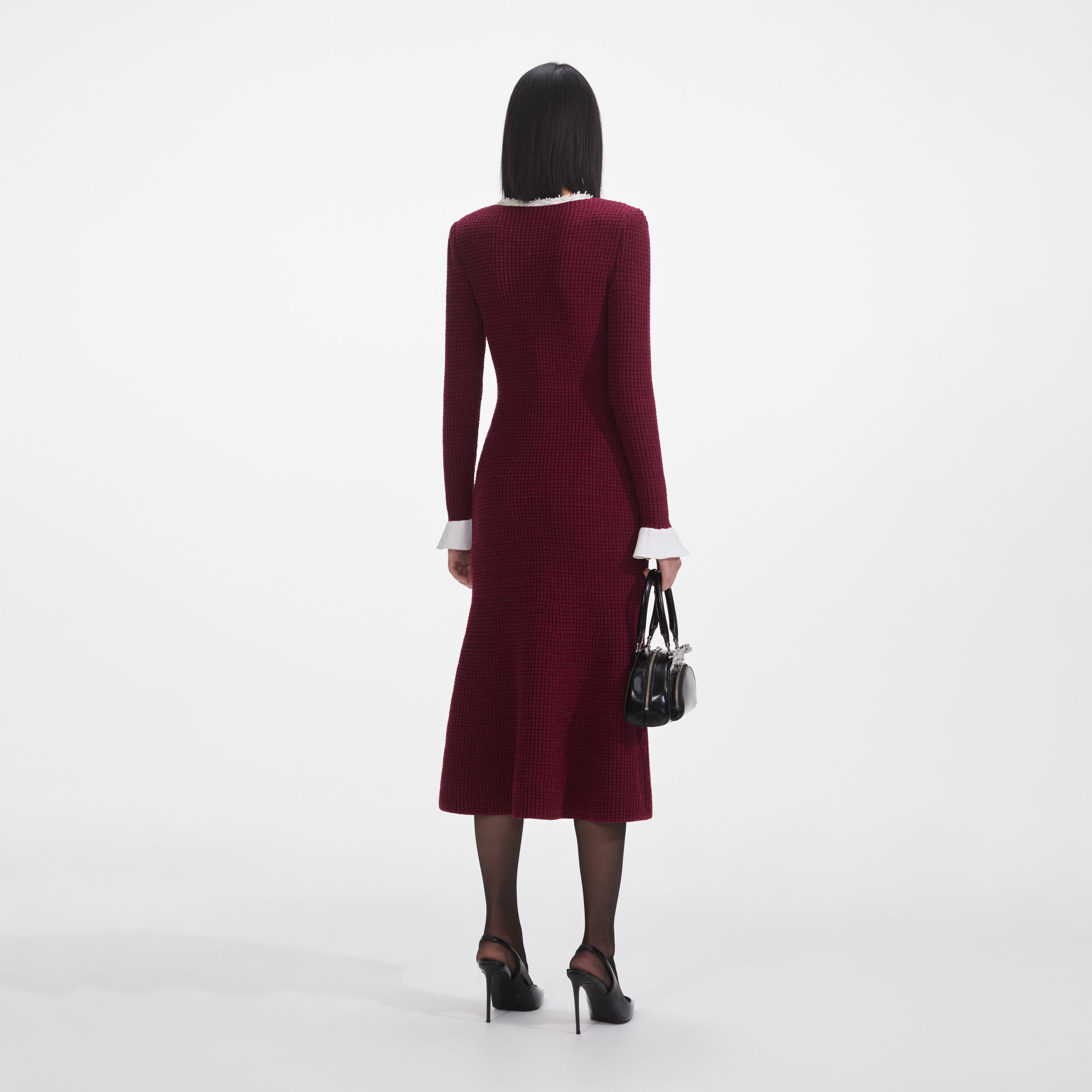 Burgundy Pearl Trim Knit Midi Dress – self-portrait-US