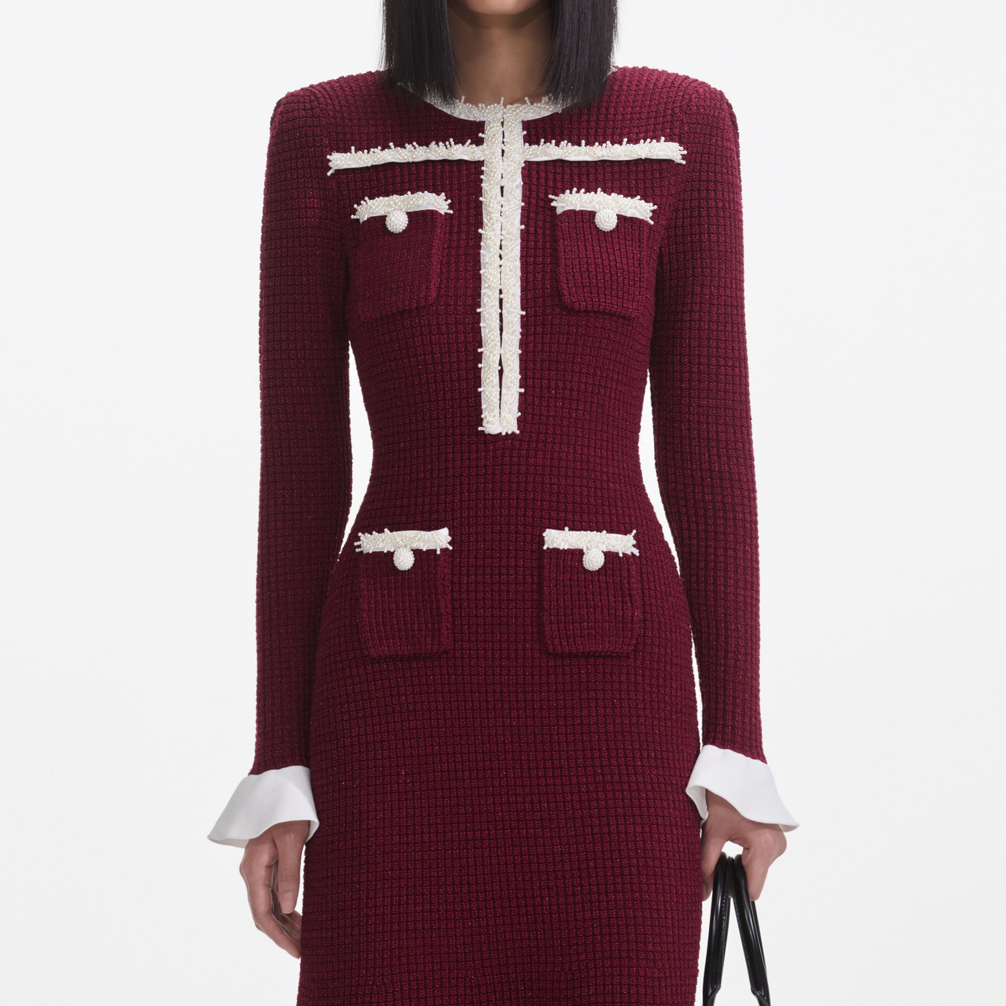 Burgundy Pearl Trim Knit Midi Dress