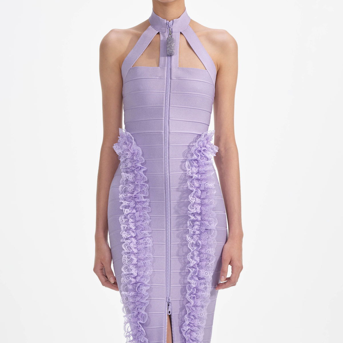 Purple Knit Zip Ruffle Maxi Dress – self-portrait-US