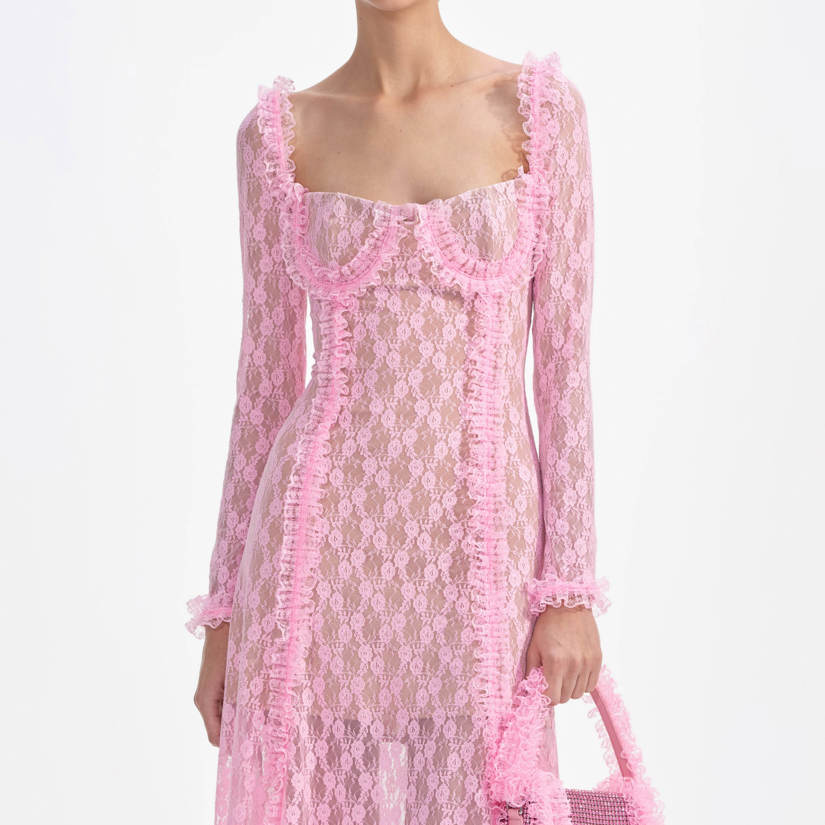 Pink Lace Ruffle Midi Dress