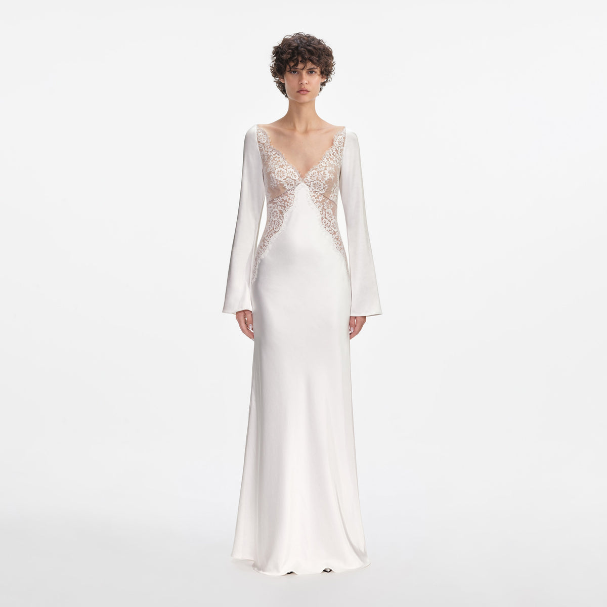 self-portrait - White Lace Satin Long Sleeve Maxi Dress