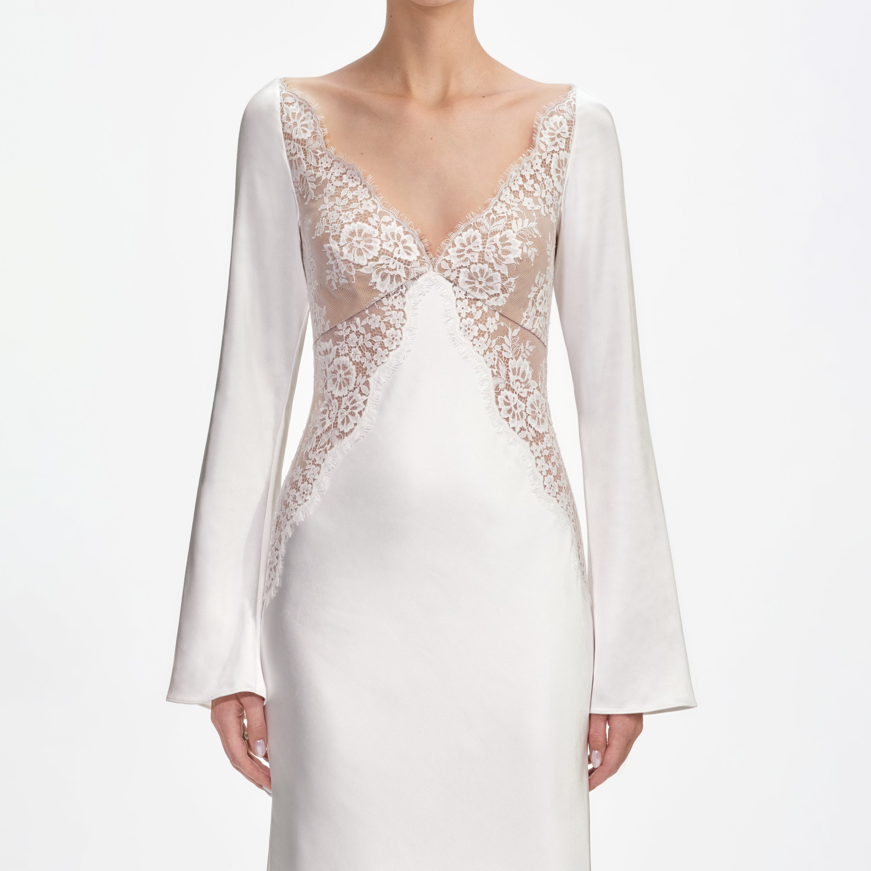 White Lace Satin Long Sleeve Maxi Dress – self-portrait-US