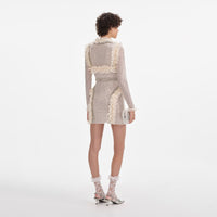 Cream Rhinestone Mesh Ruffle Mini Dress