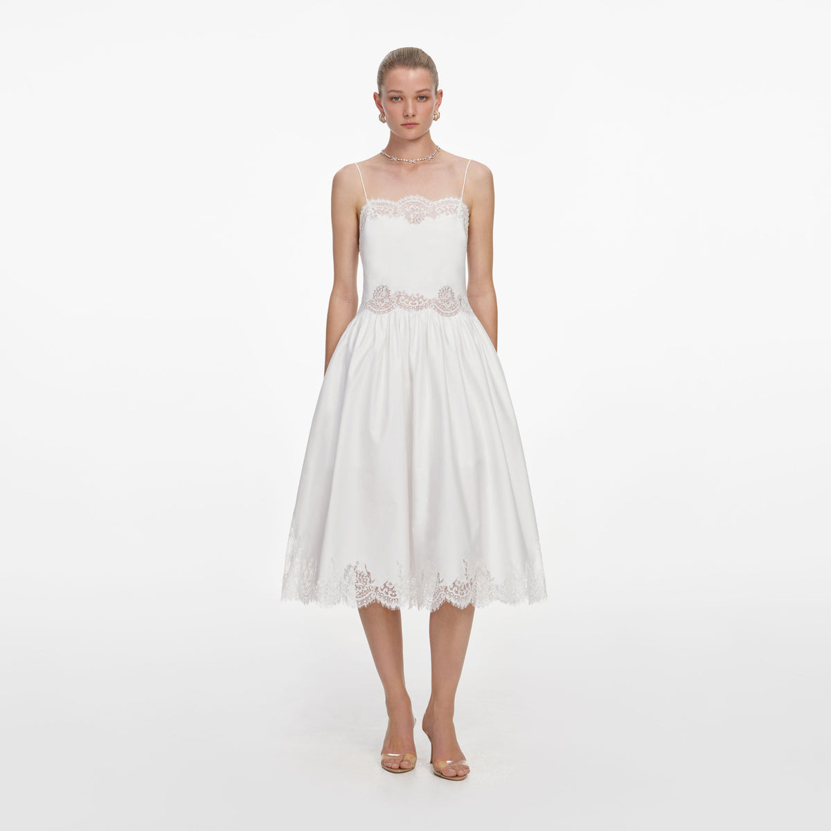 self-portrait - White Cotton Lace Trim Midi Dress