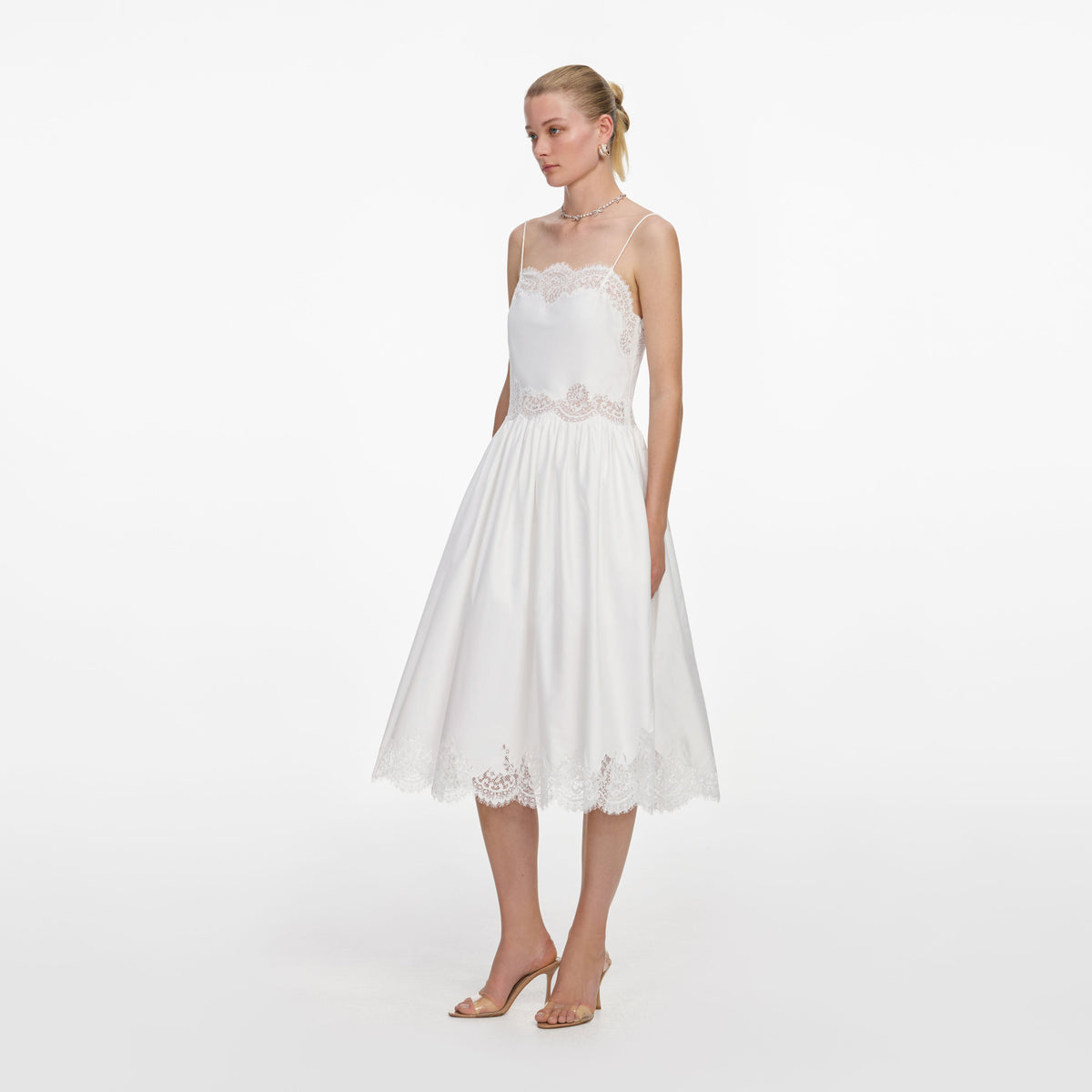 White Cotton Lace Trim Midi Dress – self-portrait-US