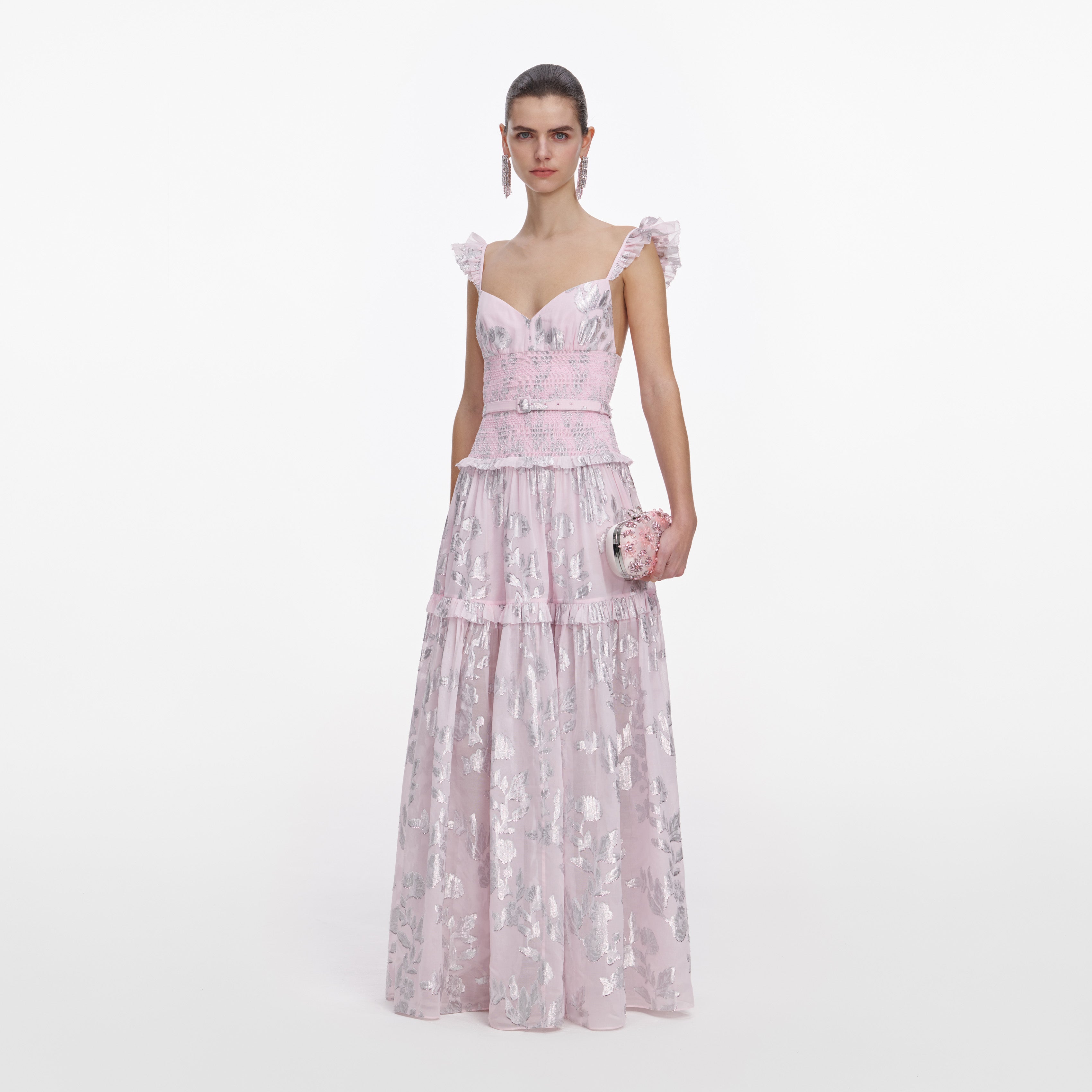 Blue Chiffon Lace Tiered Midi Dress – self-portrait-US