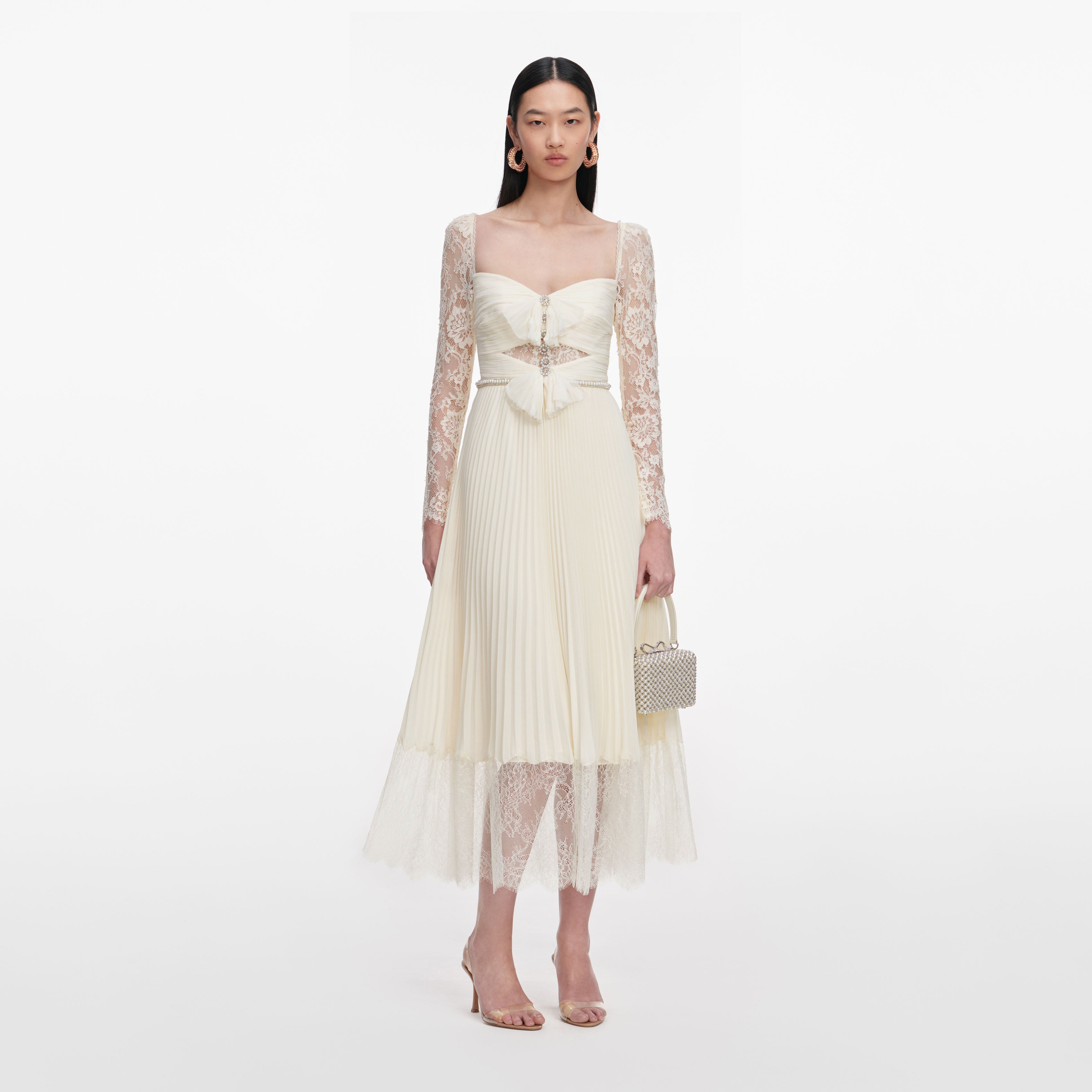 Cream Chiffon Lace Midi Dress