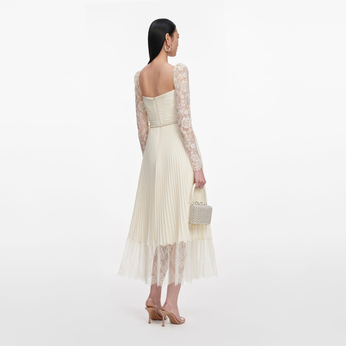 self portrait cream lace trim pleated midi dress SELF-PORTRAIT Lace-trimmed pleated crepe midi dress