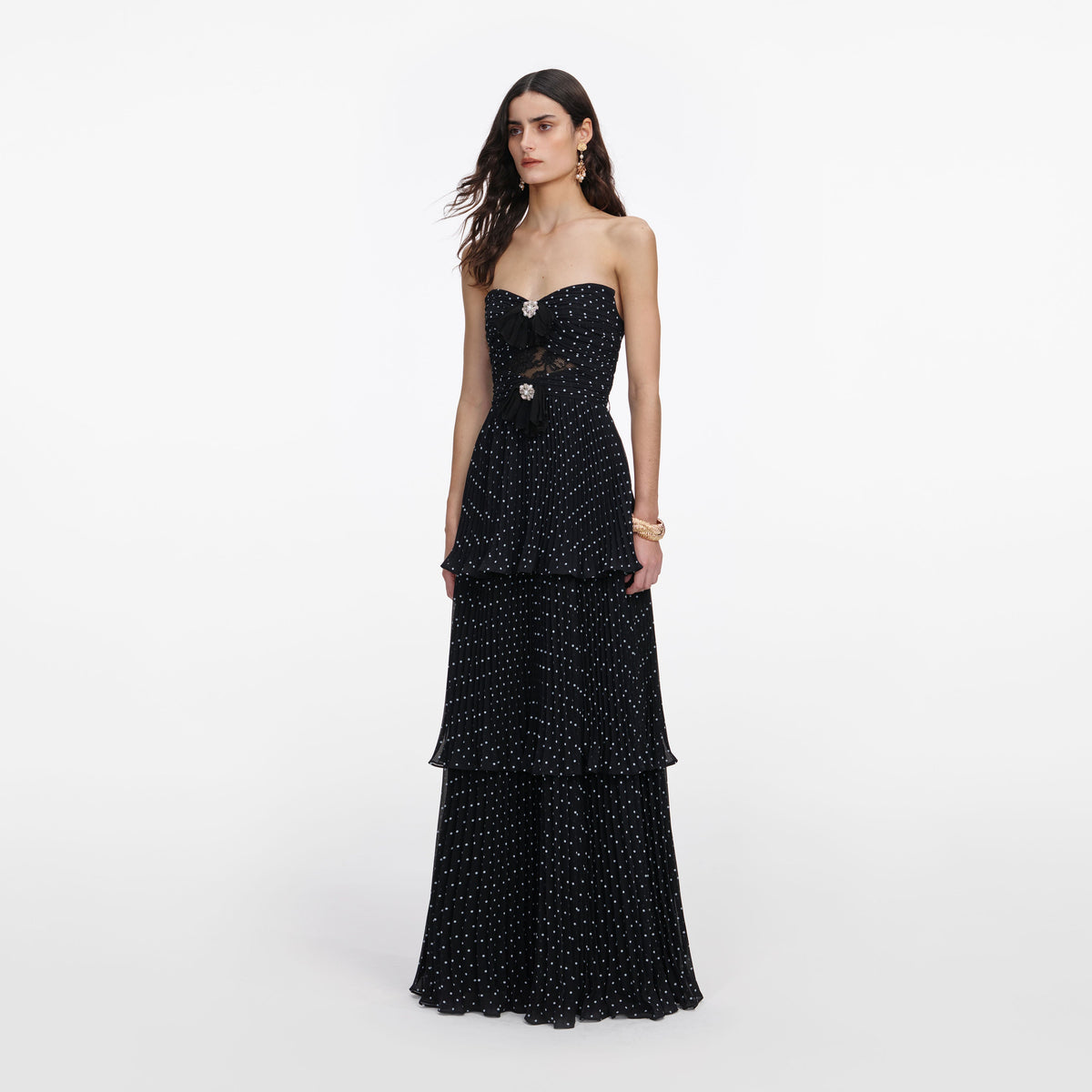 black polka dot maxi dress Black Polka Dot Tiered Maxi Dress – self-portrait-US