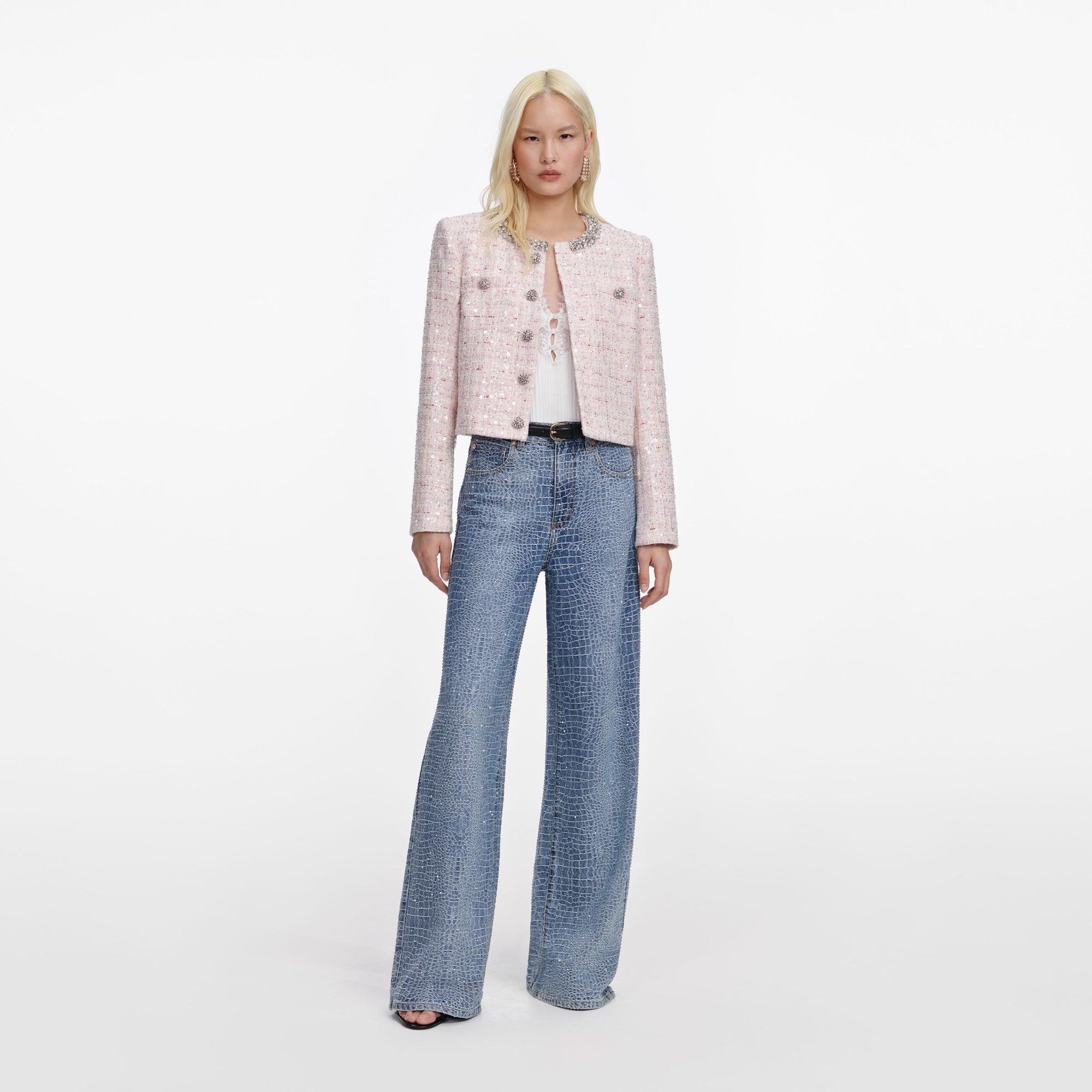 Front view of a woman wearing the Pink Sequin Boucle Jacket