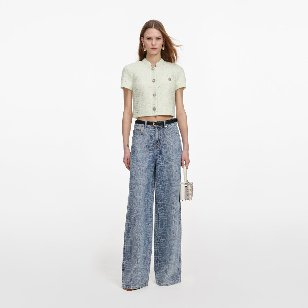 Front view of a woman wearing the Lime Boucle Top