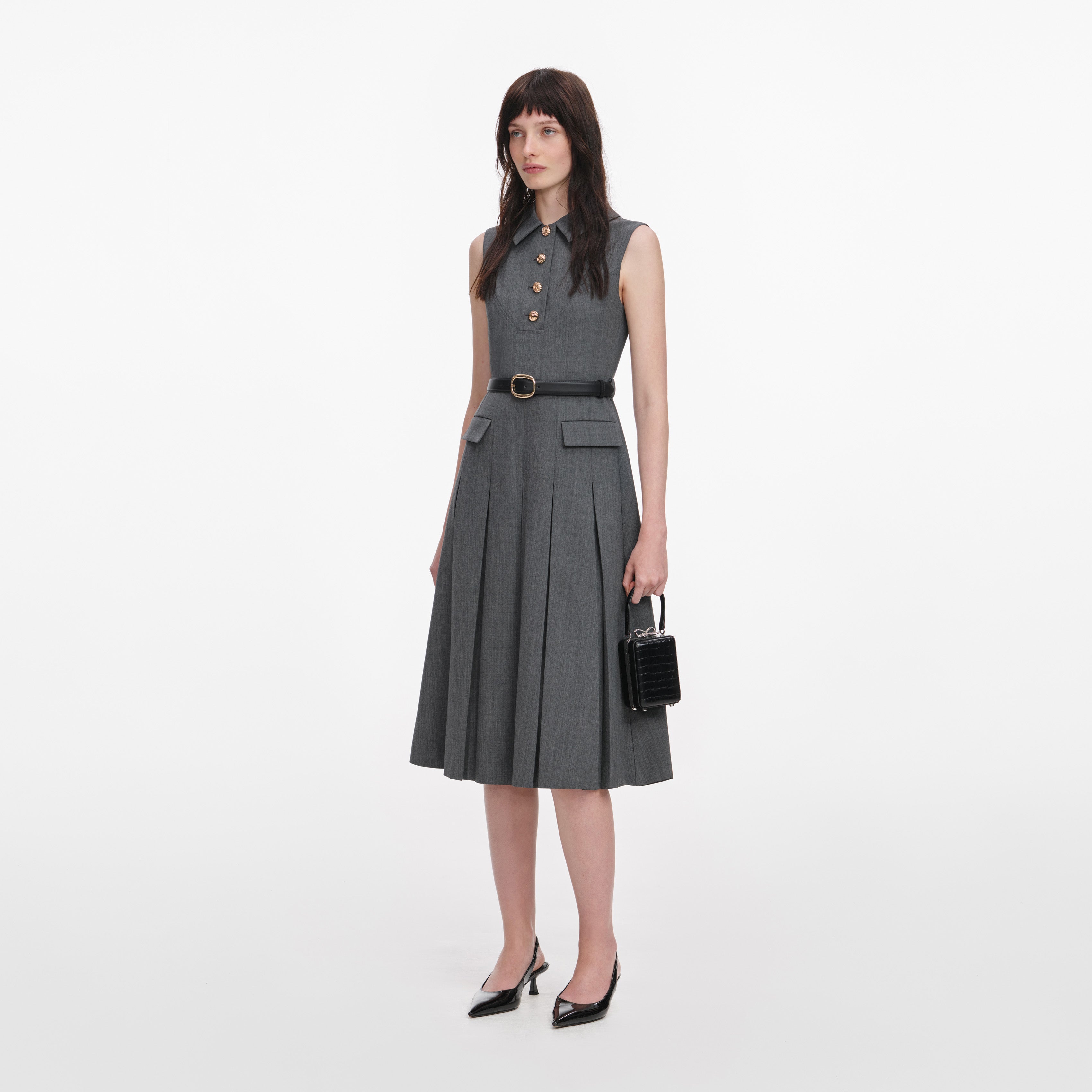 Grey Tailored Pleated Midi Dress – self-portrait-US