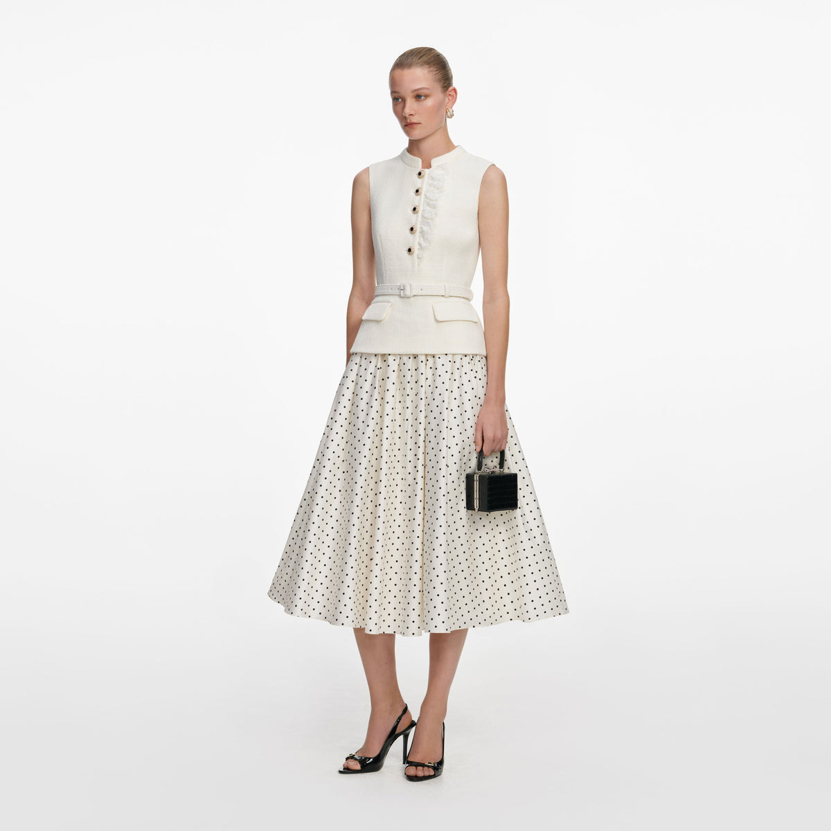 self portrait cream polka dot dress self-portrait - Boucle Midi Color:Sunshine Daisy Jacquard Hidden back zip closure Brand_Crown Mark Sweetheart Dusty Blue Off-The-Shoulder