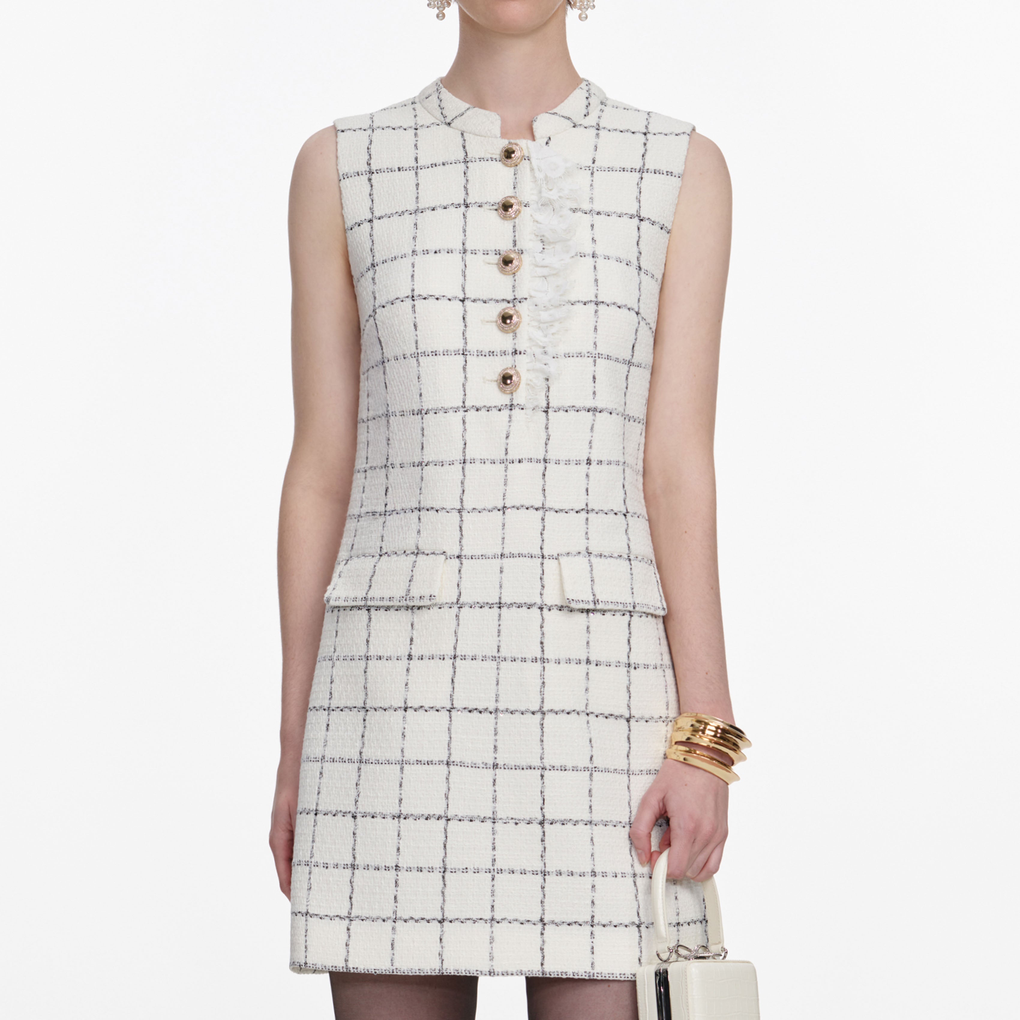 Check Boucle Lace Trim Mini Dress