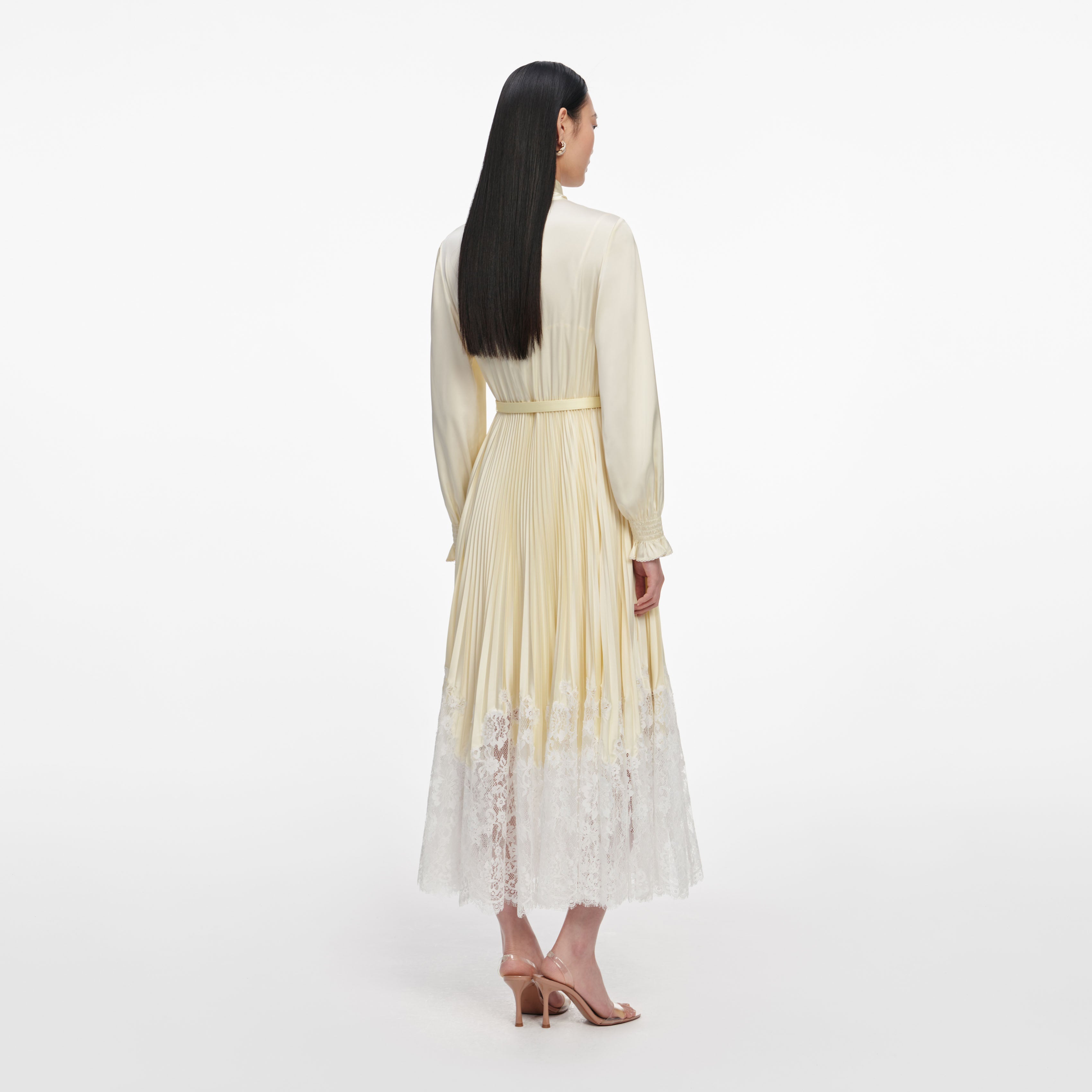 Yellow Satin Lace Midi Dress – self-portrait-US