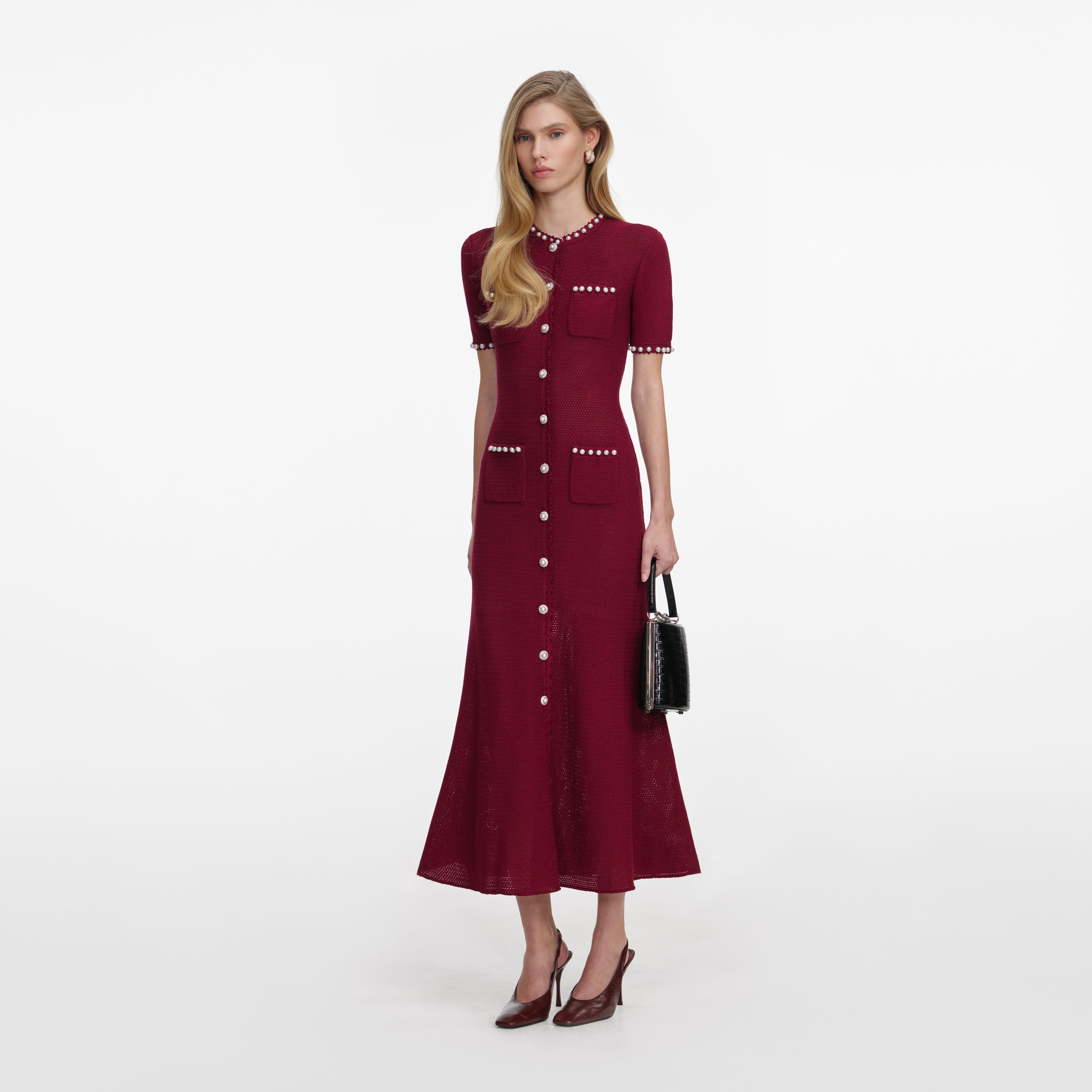 Burgundy Pearl Knit Midi Dress – self-portrait-US