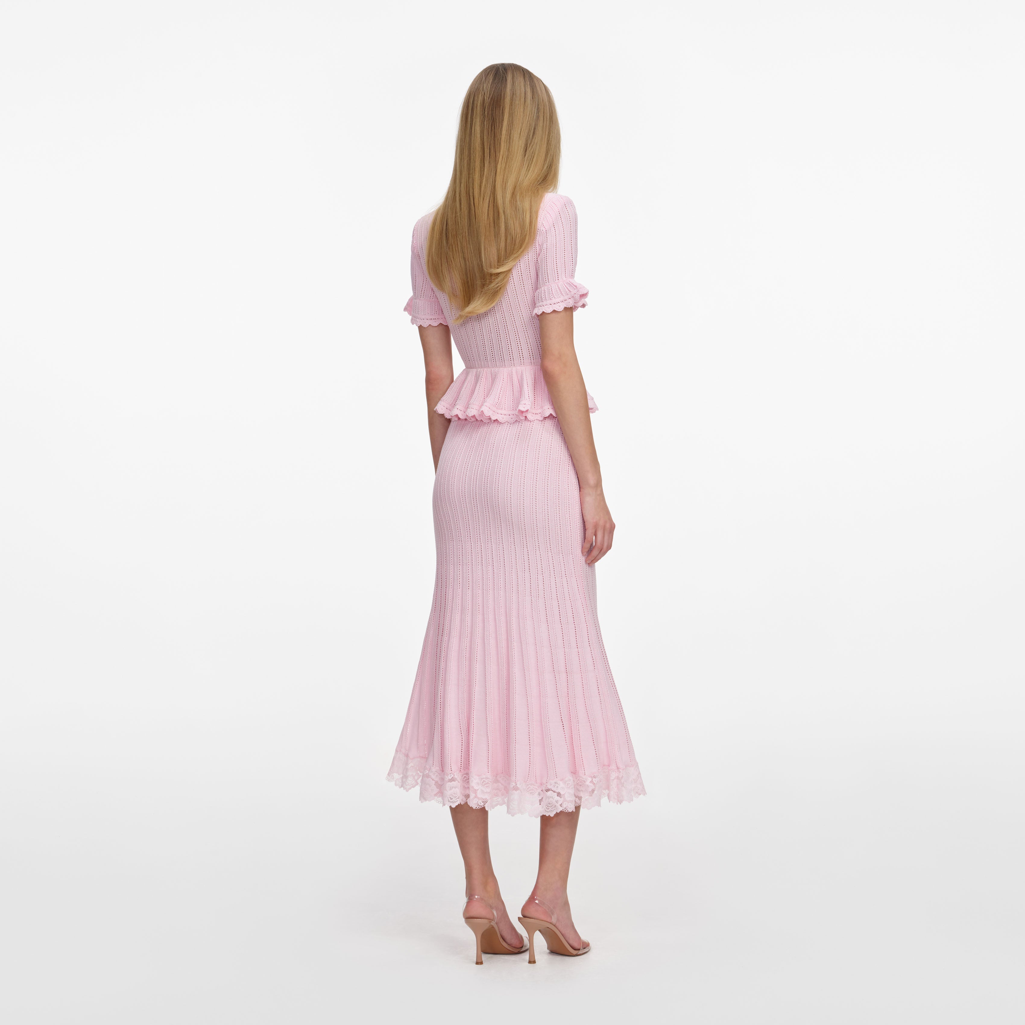 Pink Pointelle Peplum Knit Midi Dress