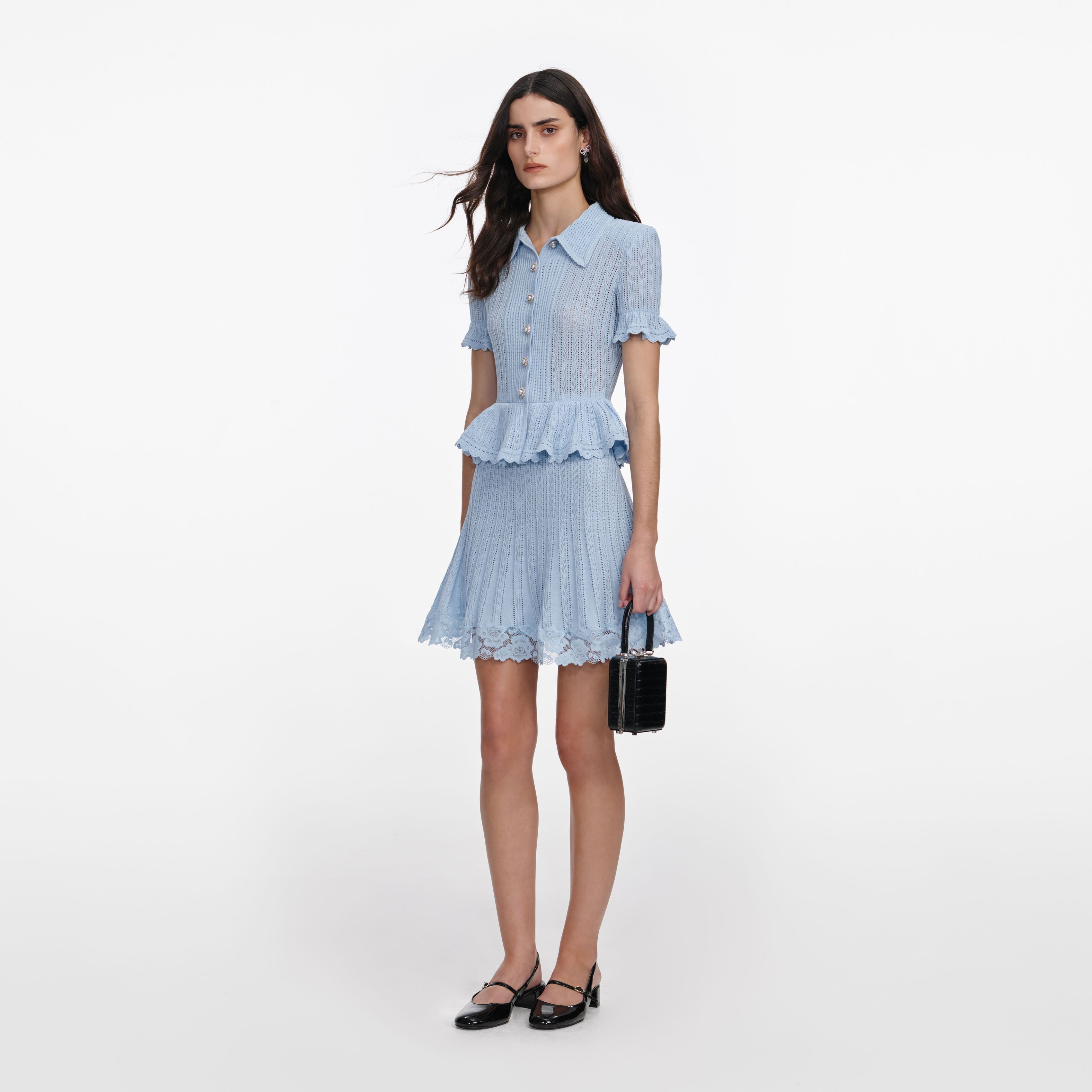 Blue Pointelle Peplum Knit Mini Dress – self-portrait-US