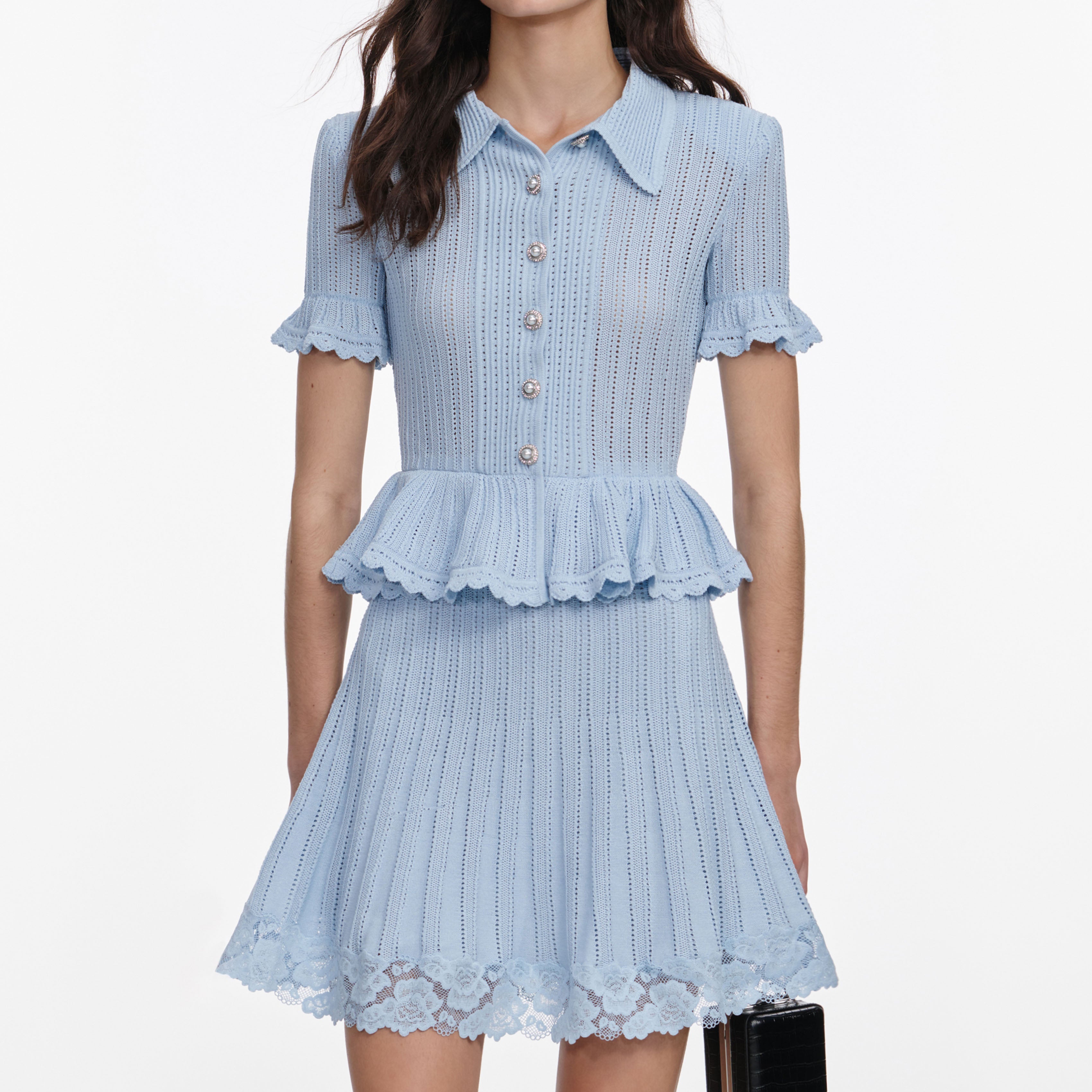 Blue Pointelle Peplum Knit Mini Dress – self-portrait-US