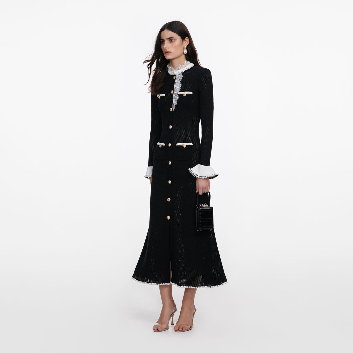 self-portrait - Black Lace Trim Knit Midi Dress