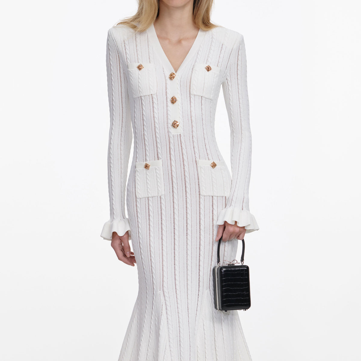 self-portrait - White Pointelle Knit Midi Dress