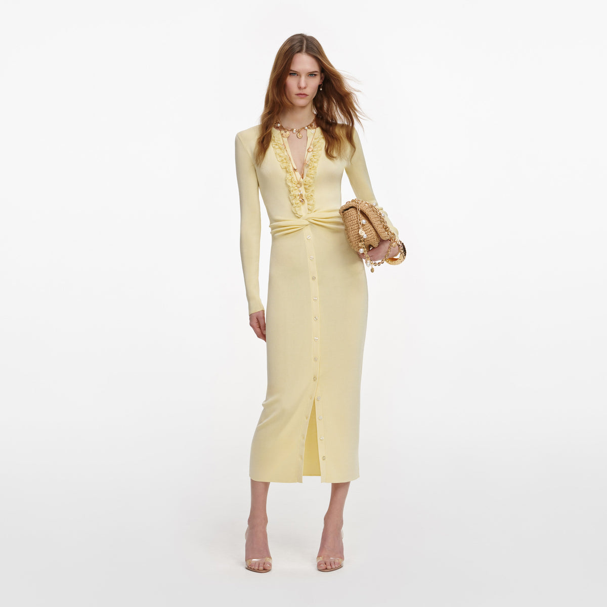 self-portrait - Yellow Viscose Knit Ruffle Midi Dress - L self-portrait - Yellow Viscose Knit Ruffle Midi Dress - L