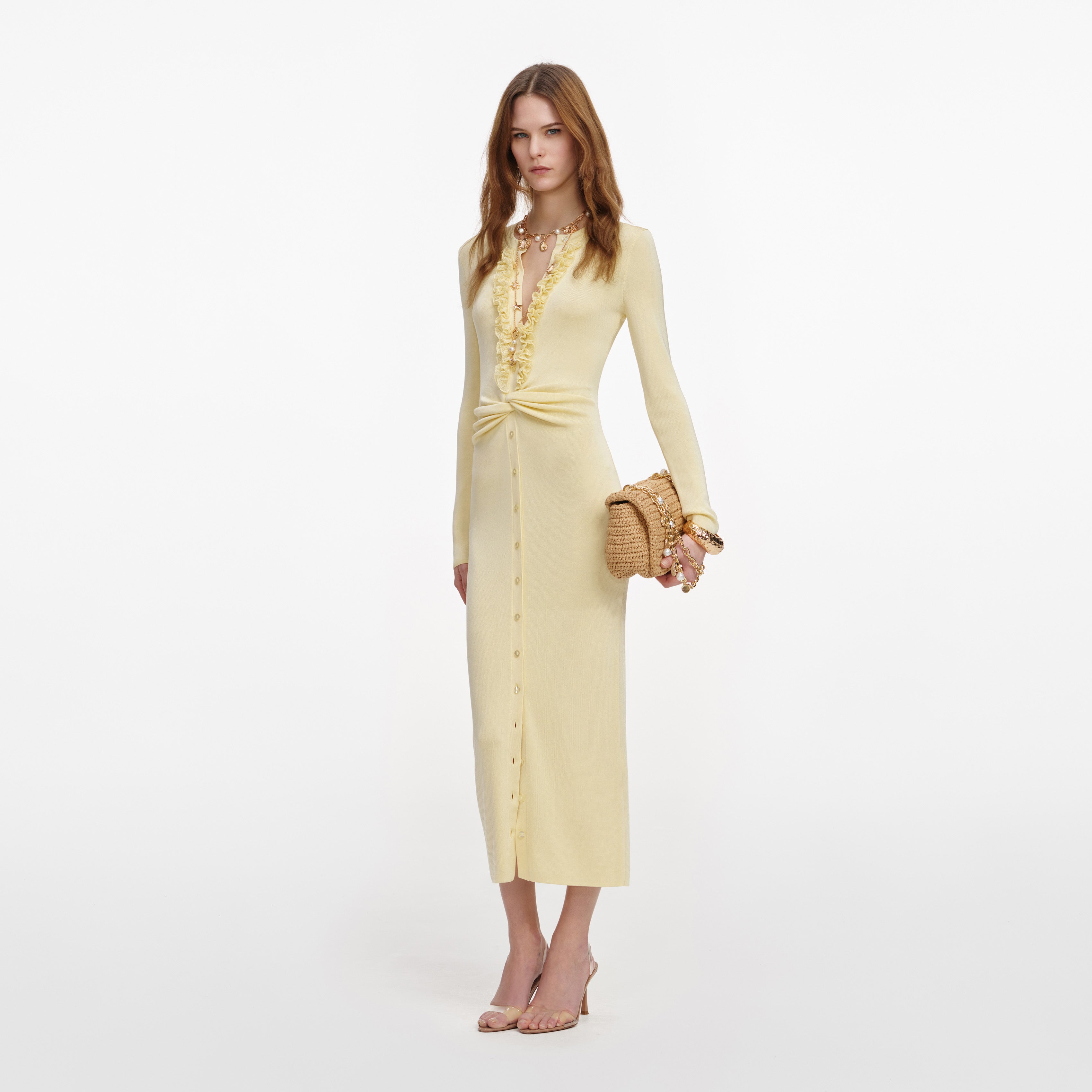 Yellow Viscose Knit Ruffle Midi Dress – self-portrait-US
