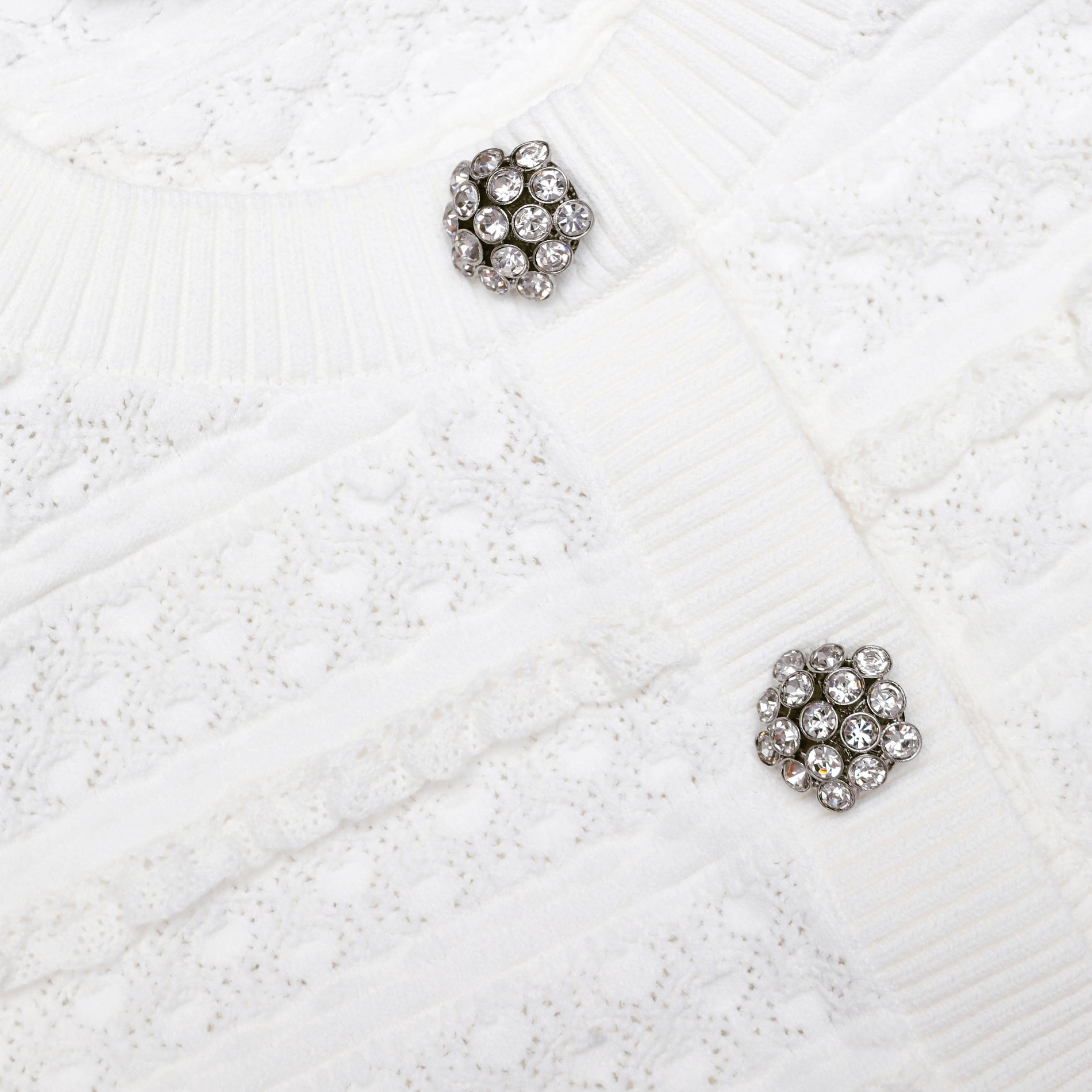 A close up of the fabric for the White Pointelle Diamante Cardigan