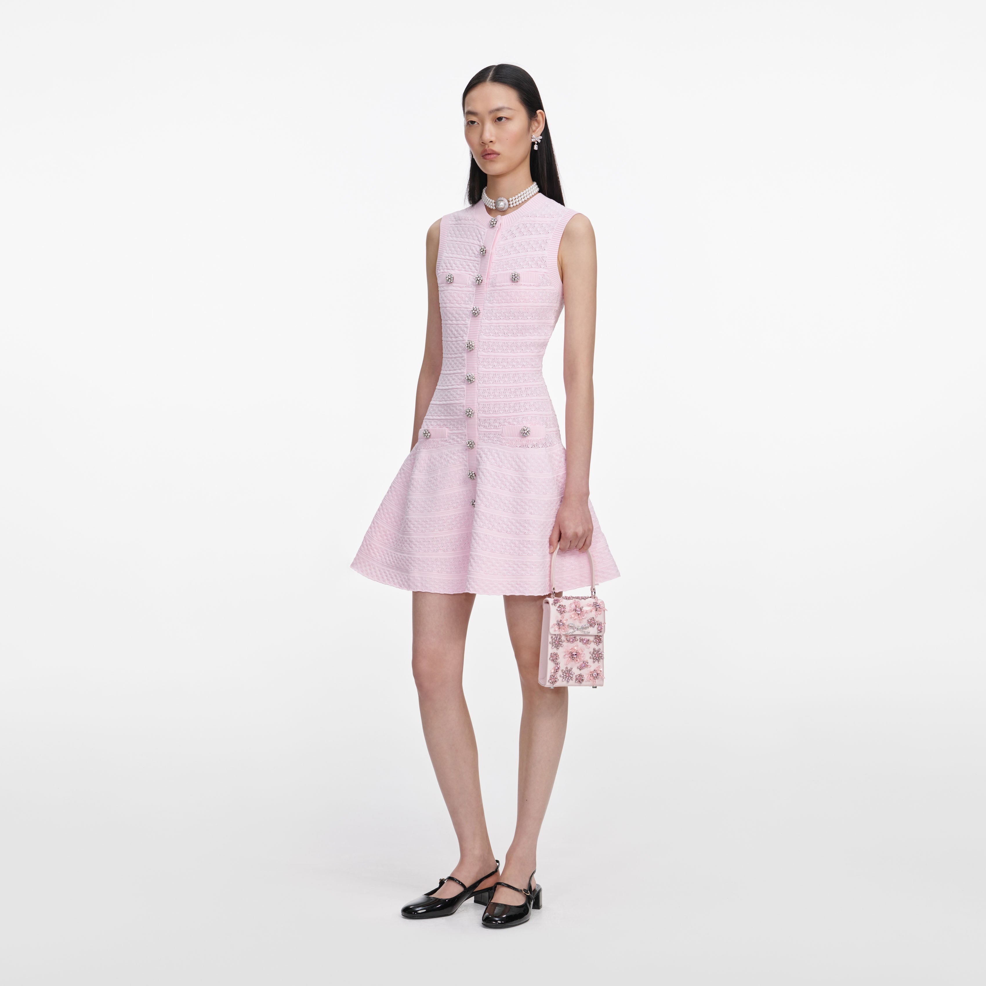 Pink Pointelle Diamante Knit Mini Dress – self-portrait-US