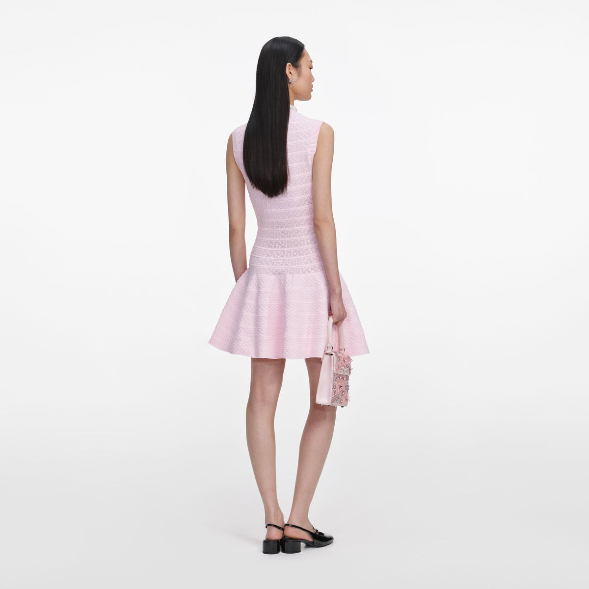 Self-portrait - Pink Pointelle Diamante Knit Mini Dress