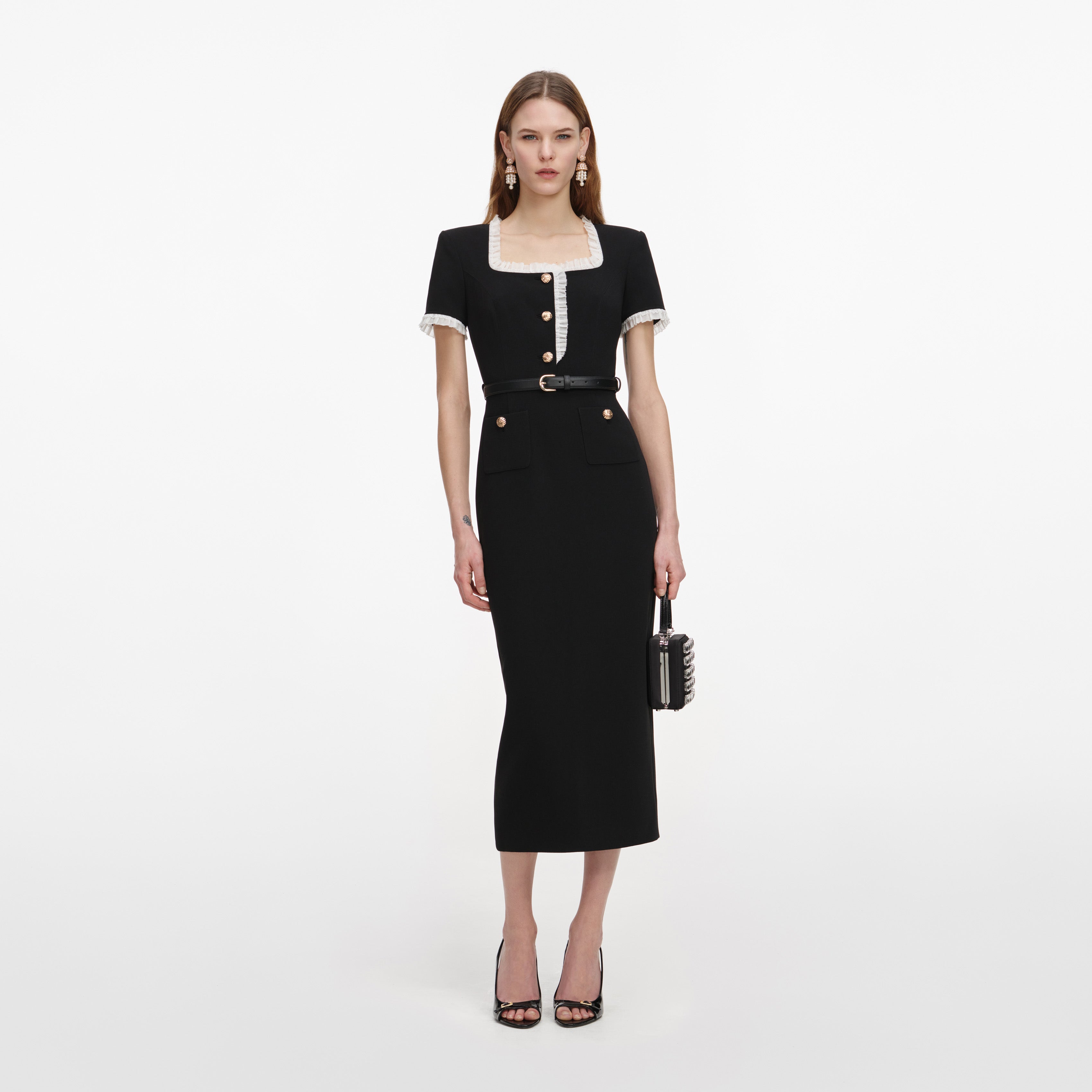 Black Crepe Contrast Frill Midi Dress