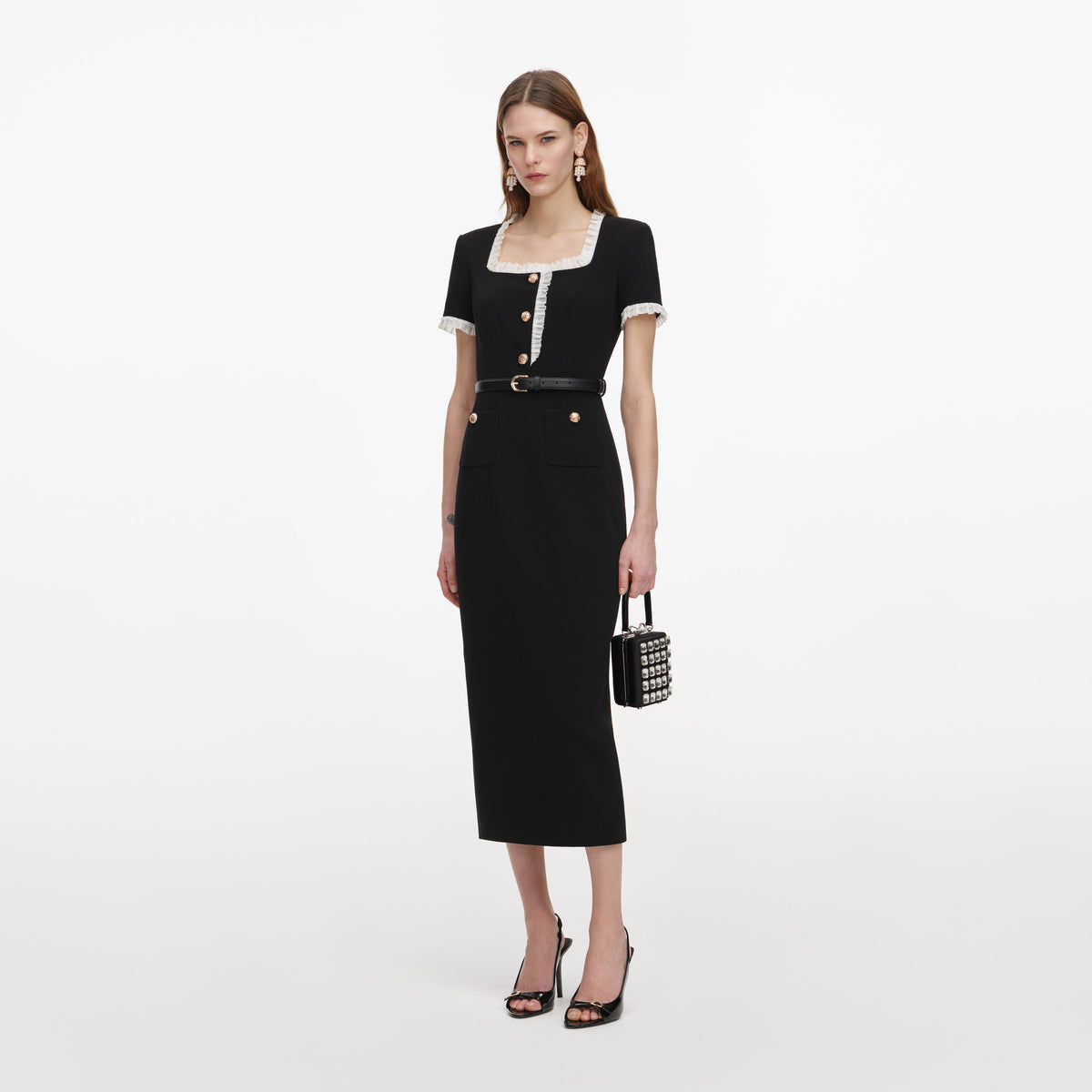 black crepe contrast chiffon midi dress Black Crepe Contrast Chiffon Mini Dress self-portrait-US