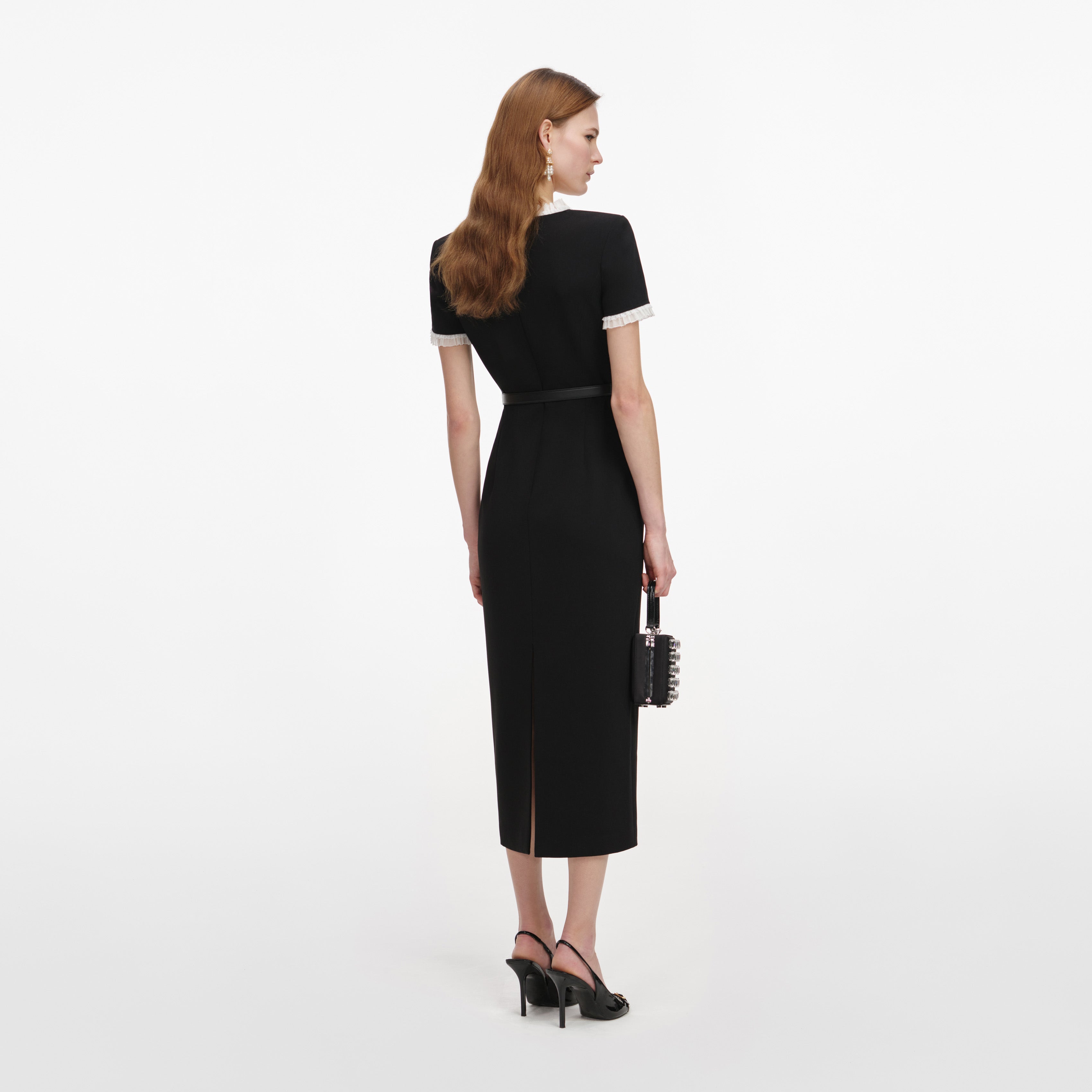 Black Crepe Contrast Frill Midi Dress