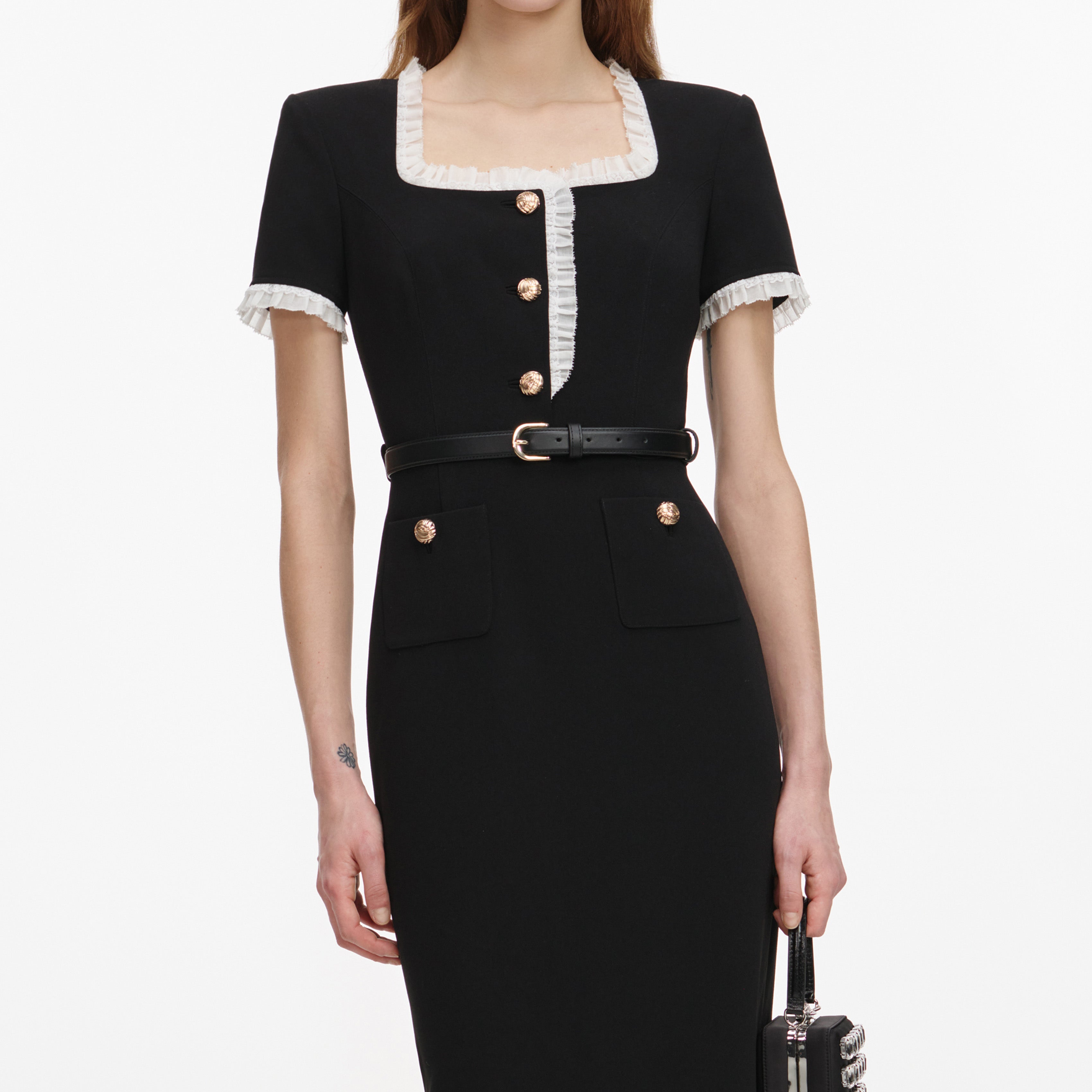 Black Crepe Contrast Frill Midi Dress – self-portrait-US