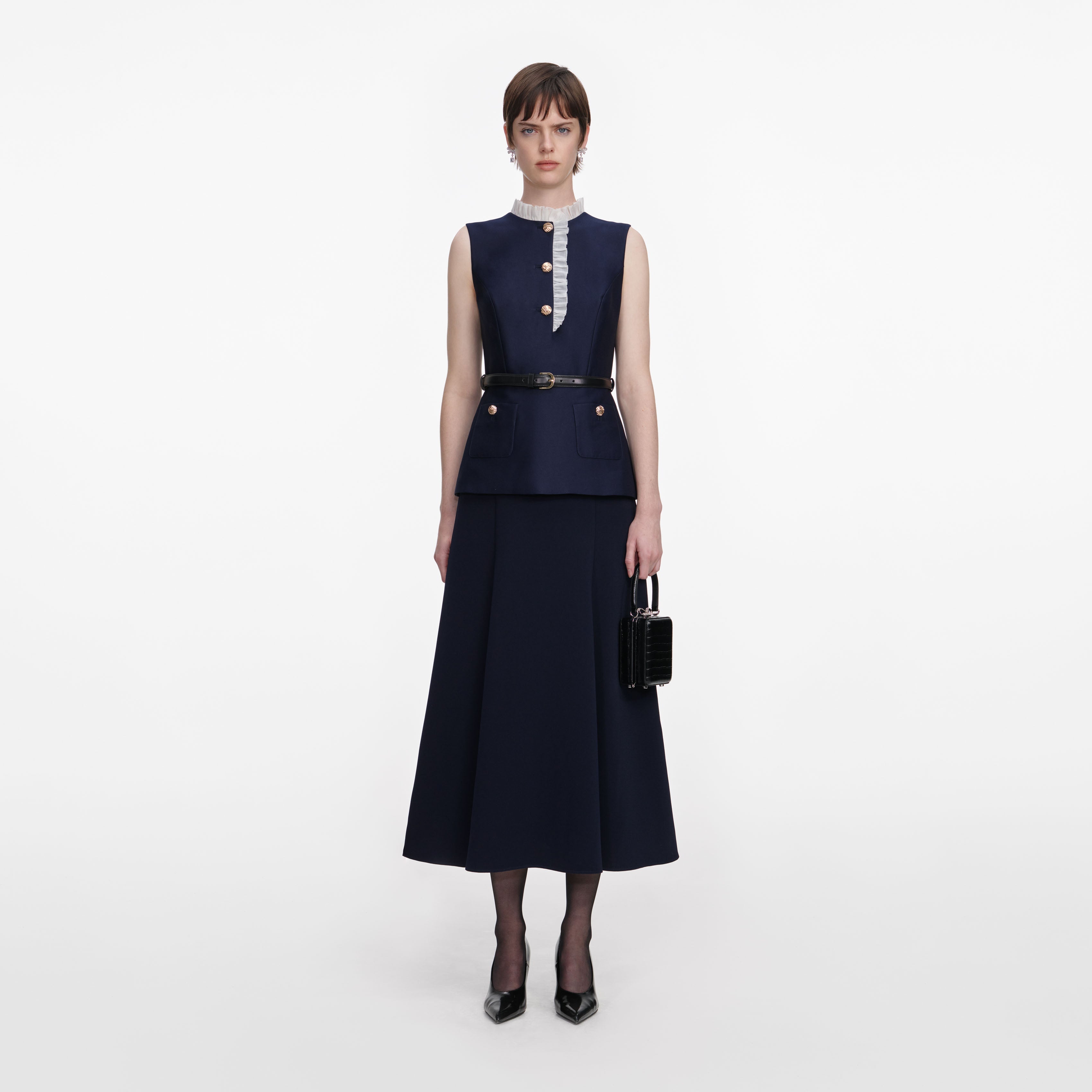 Navy Taffeta Contrast Frill Midi Dress