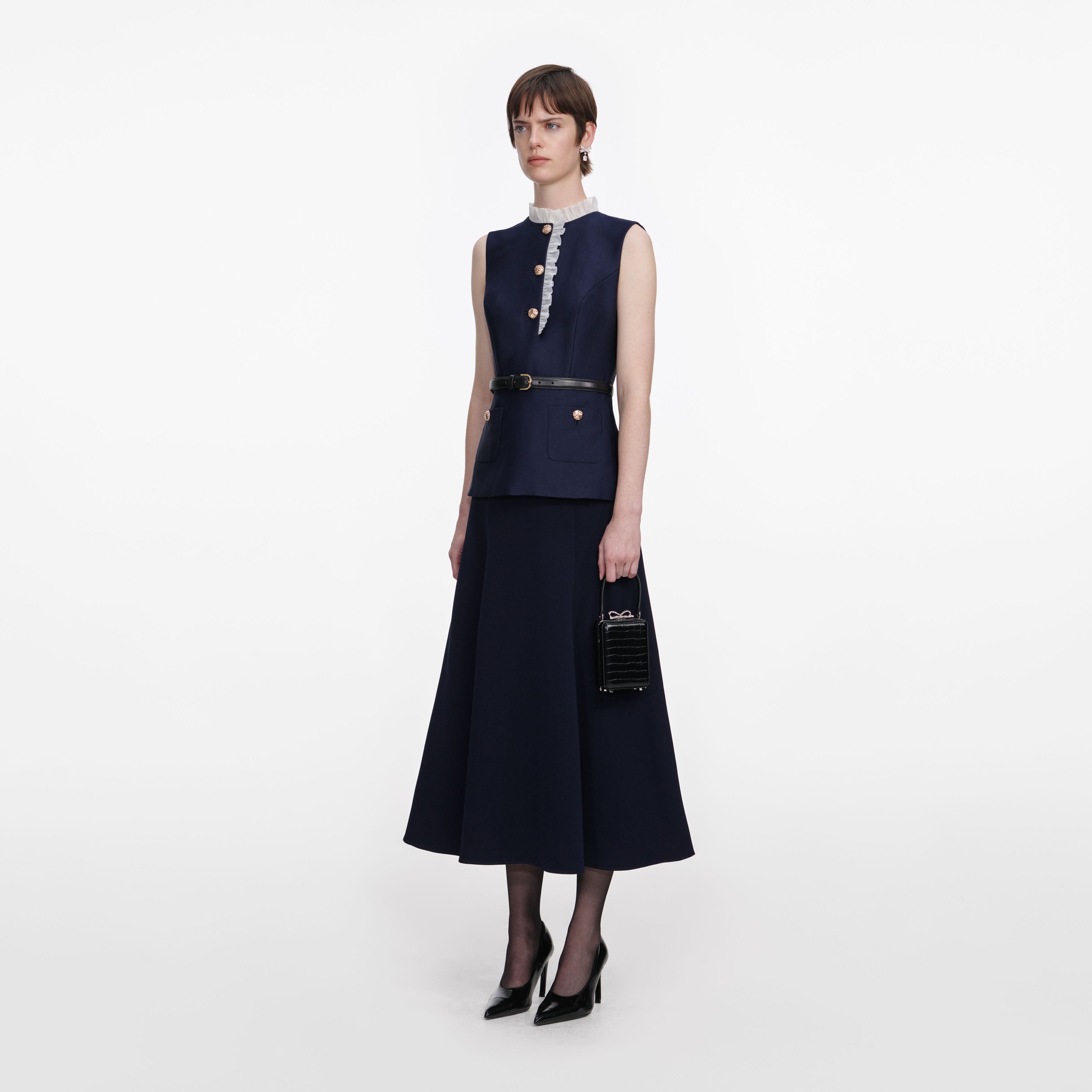 Navy Taffeta Contrast Frill Midi Dress