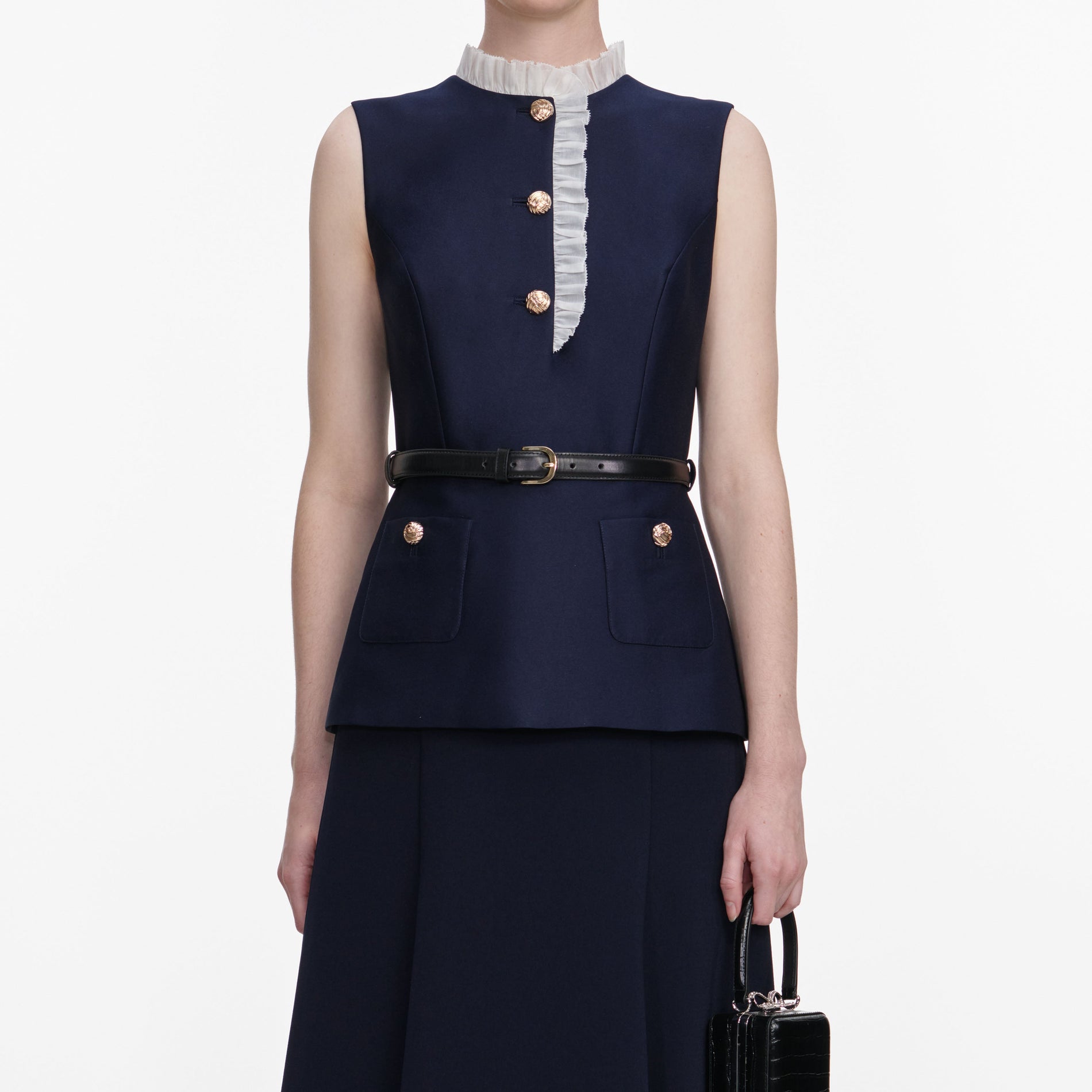 A close up of a woman wearing the Navy Taffeta Contrast Frill Midi Dress