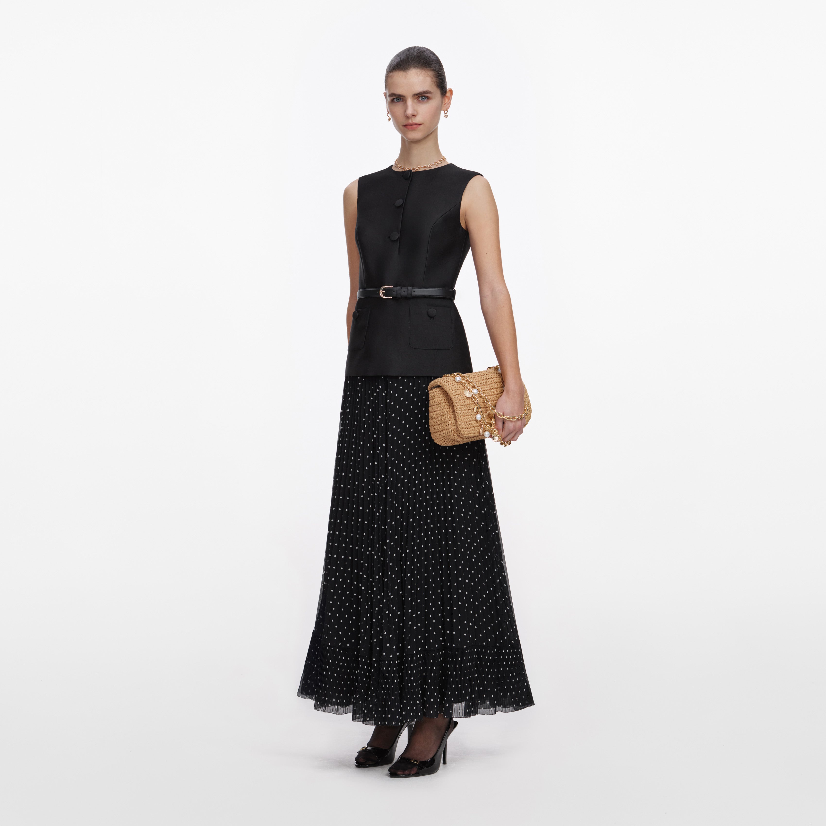 Black Taffeta Polka Dot Midi Dress – self-portrait-US