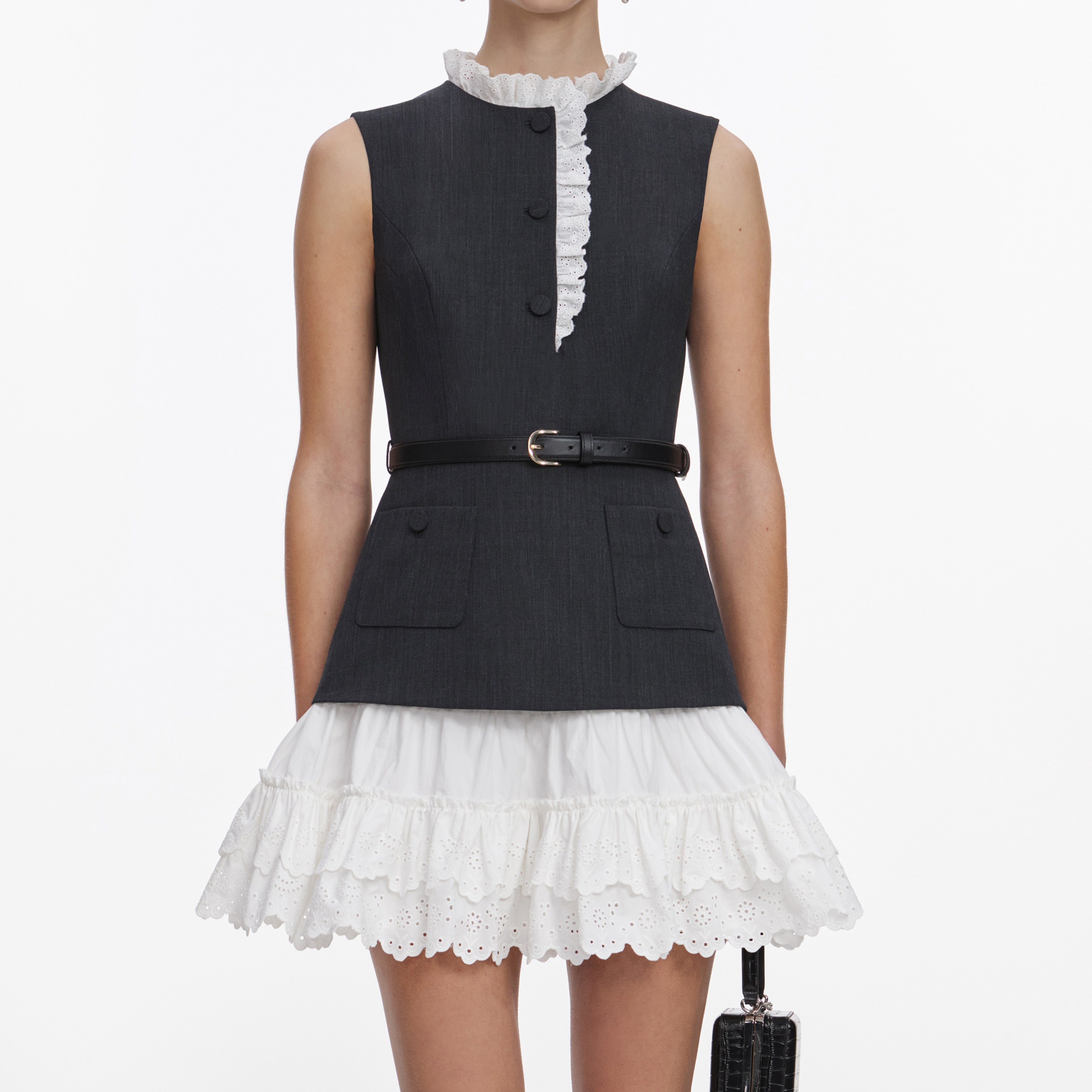 Grey Tailored Cotton Frill Mini Dress – self-portrait-US