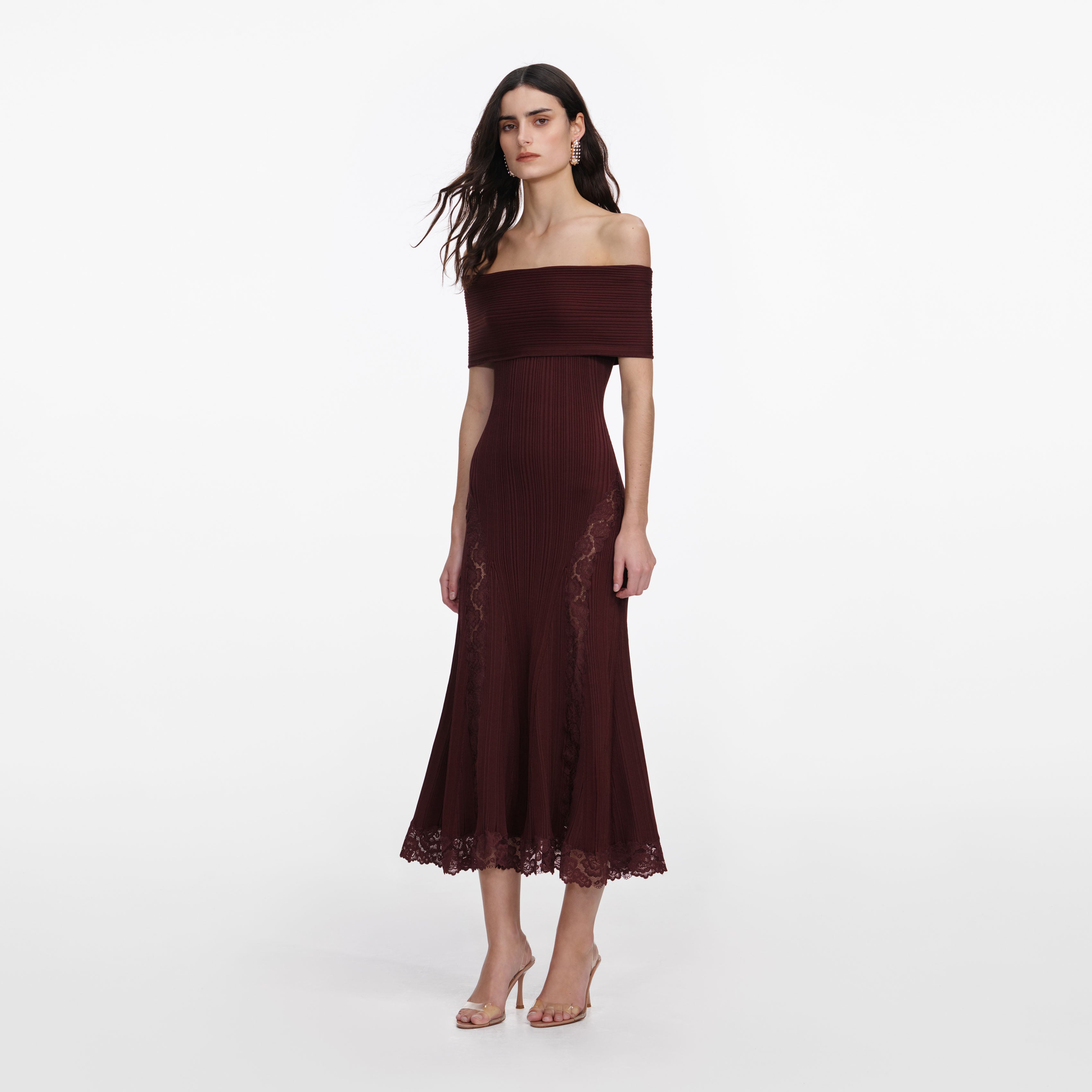 Burgundy Knit Lace Insert Midi Dress