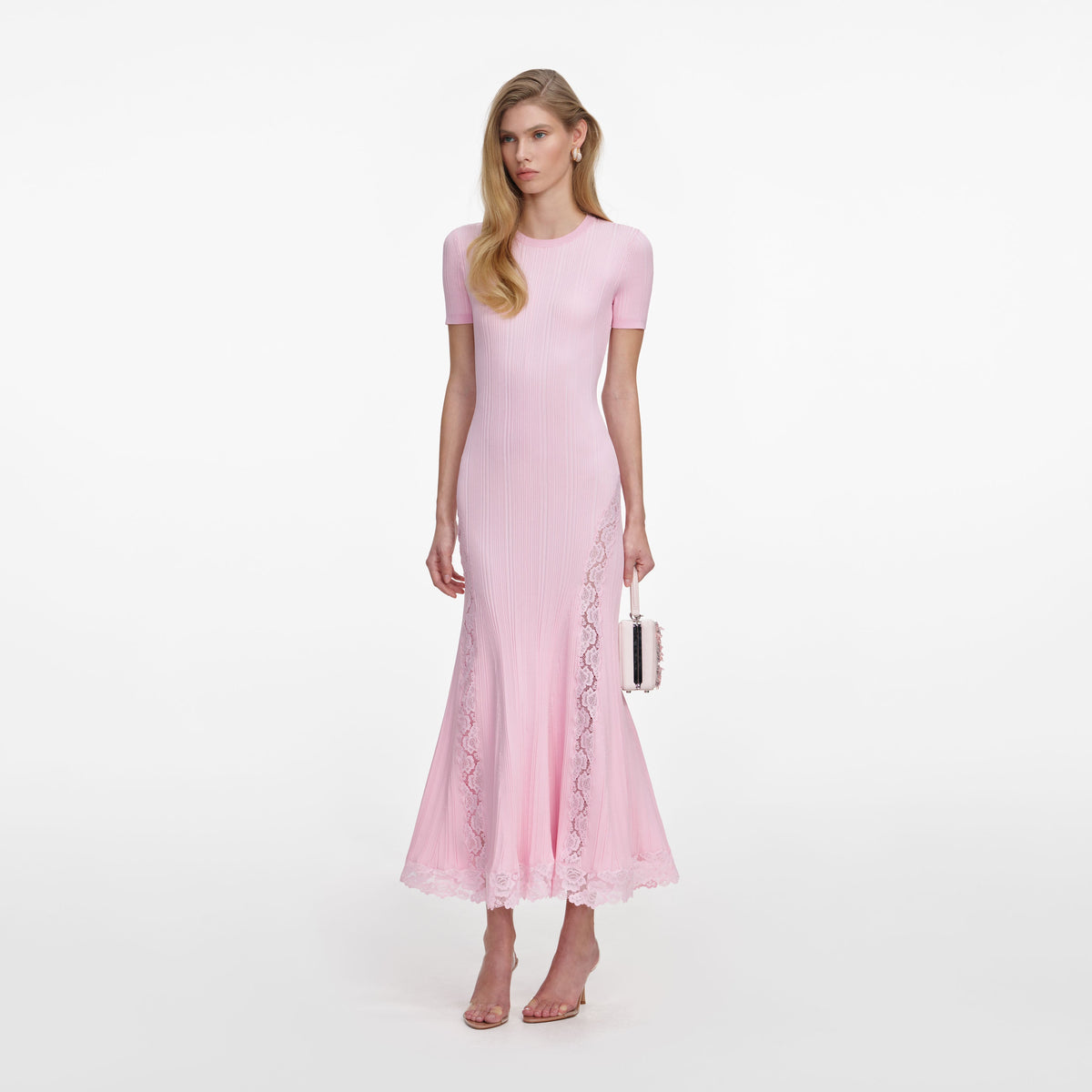 self-portrait - Pink Knit Lace Insert Midi Dress - M self-portrait - Pink Knit Lace Insert Midi Dress - M