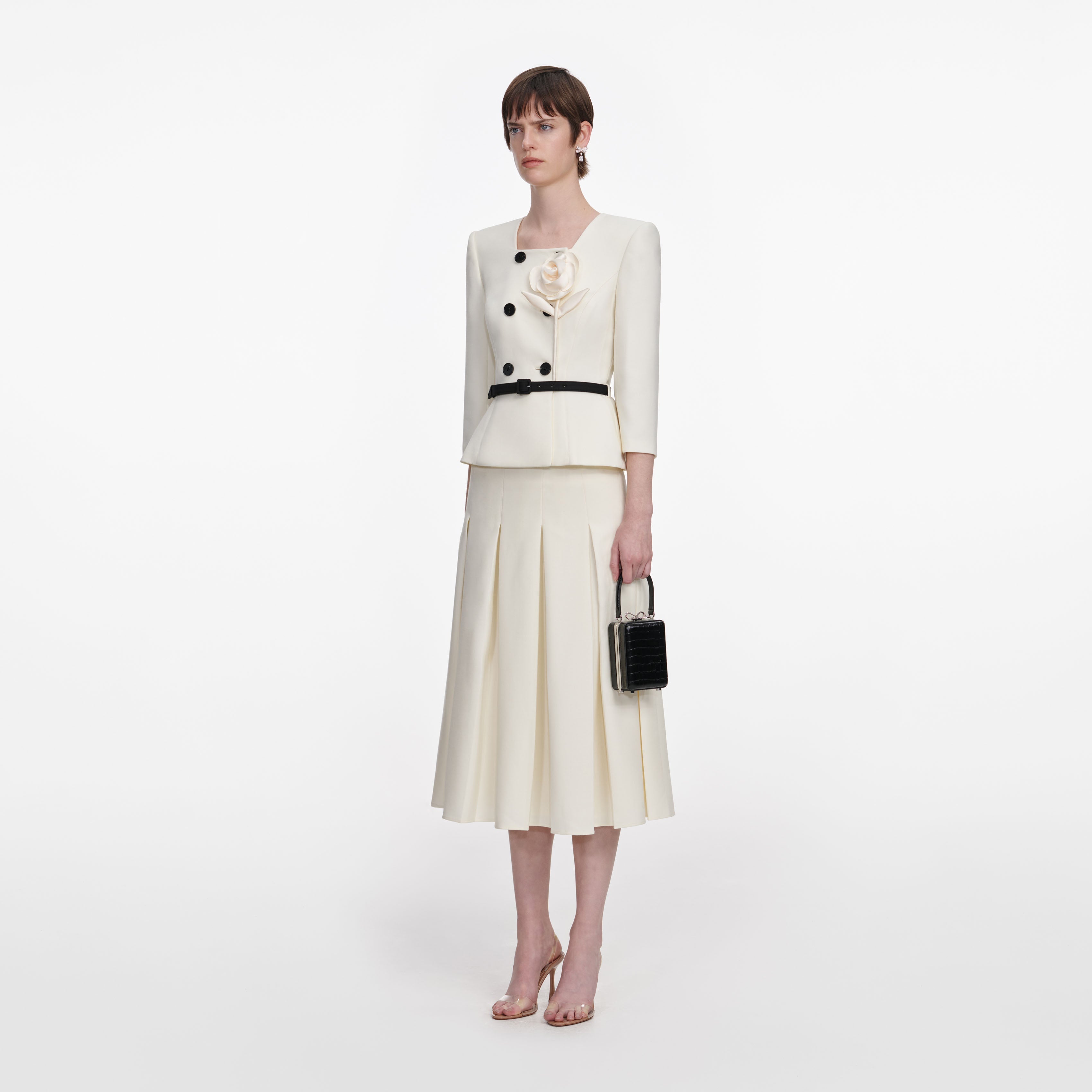 Cream 3D Flower Tailored Midi Dress