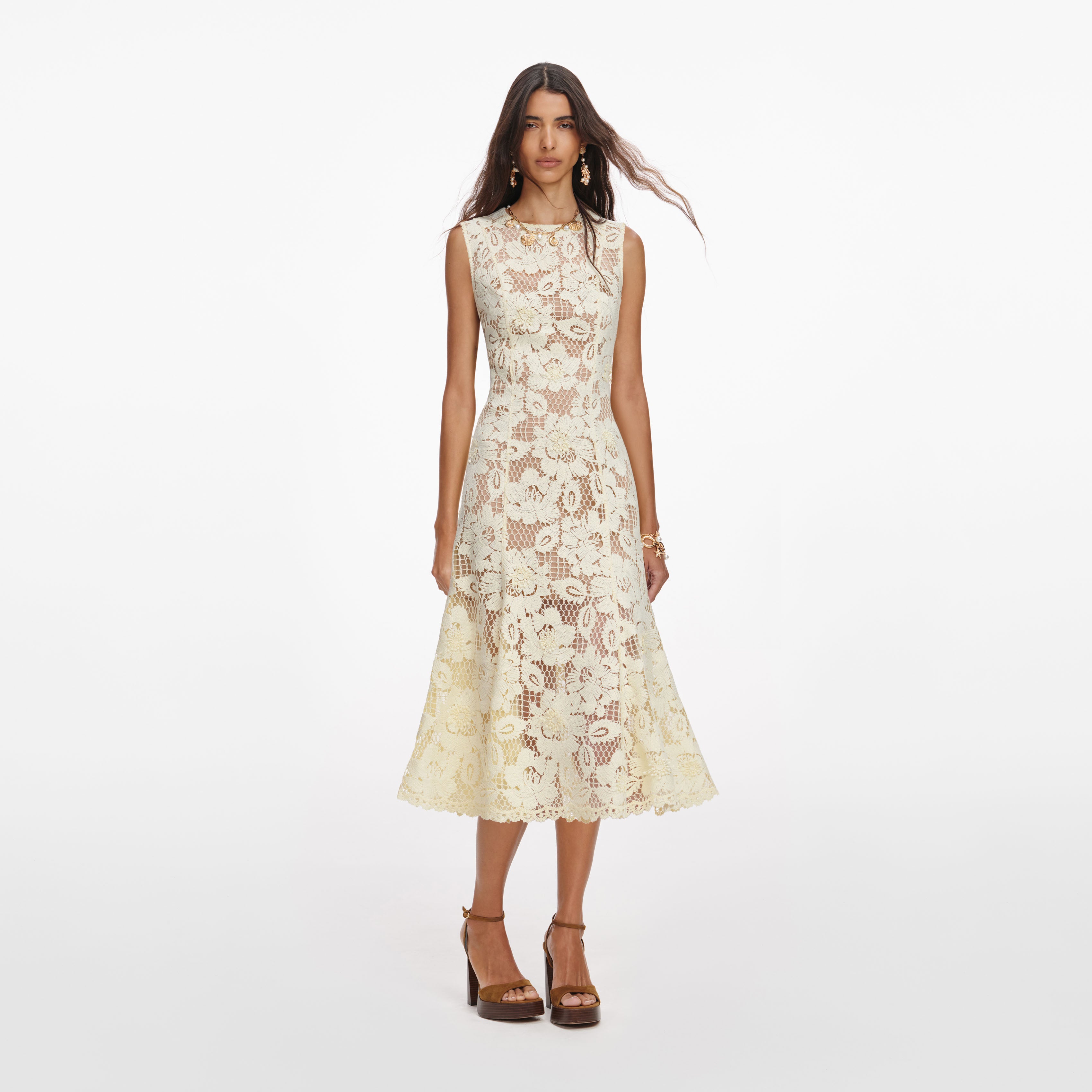 Yellow Crochet Lace Midi Dress