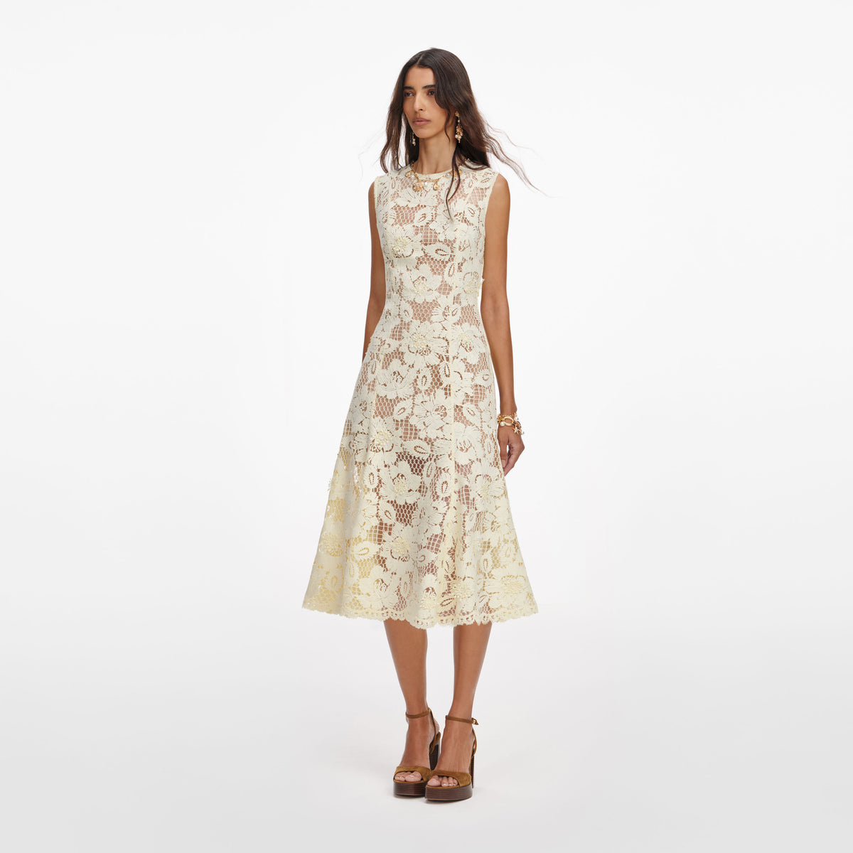 self-portrait - Yellow Crochet Lace Midi Dress