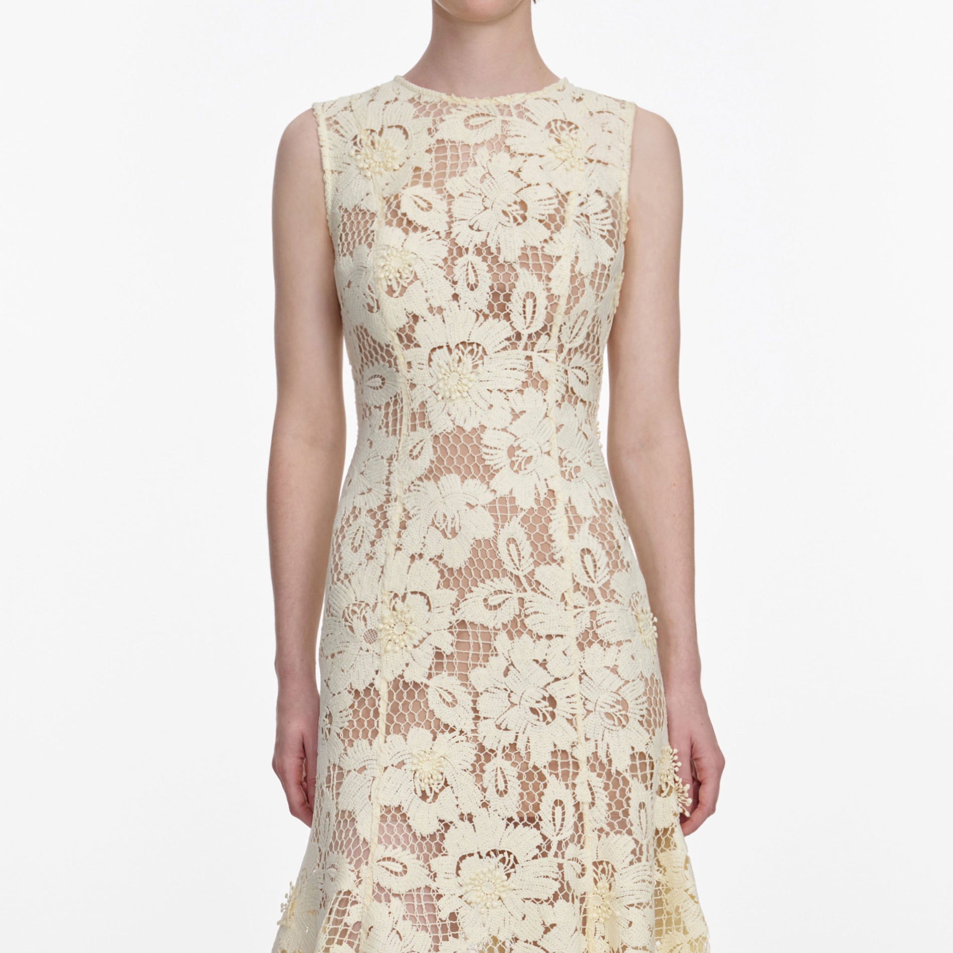 A close up of a woman wearing the Yellow Crochet Lace Midi Dress