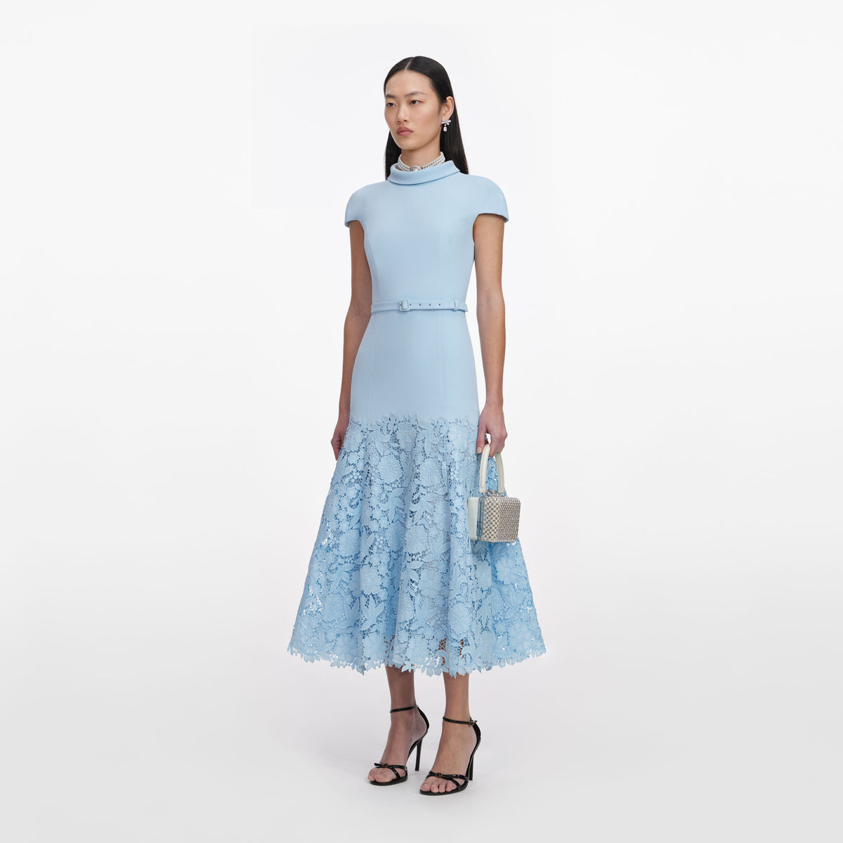 Blue Crepe Lace Midi Dress – self-portrait-US
