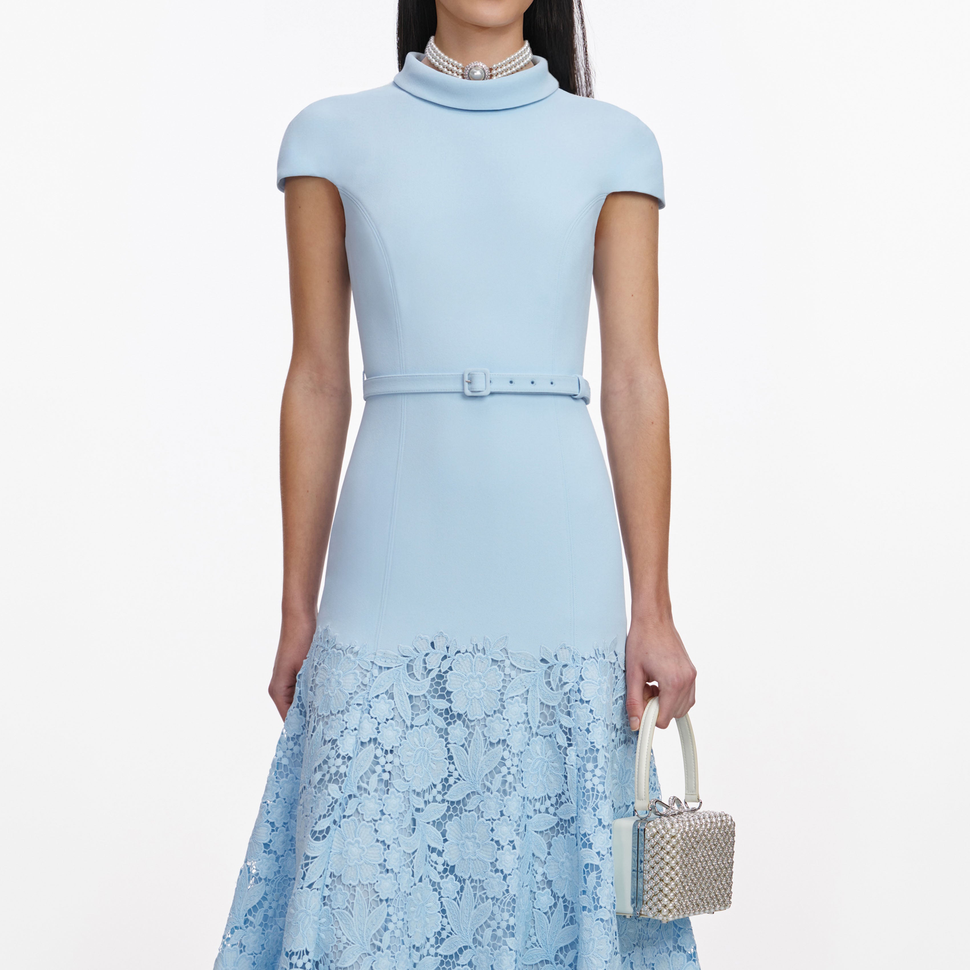 Blue Crepe Lace Midi Dress – self-portrait-US
