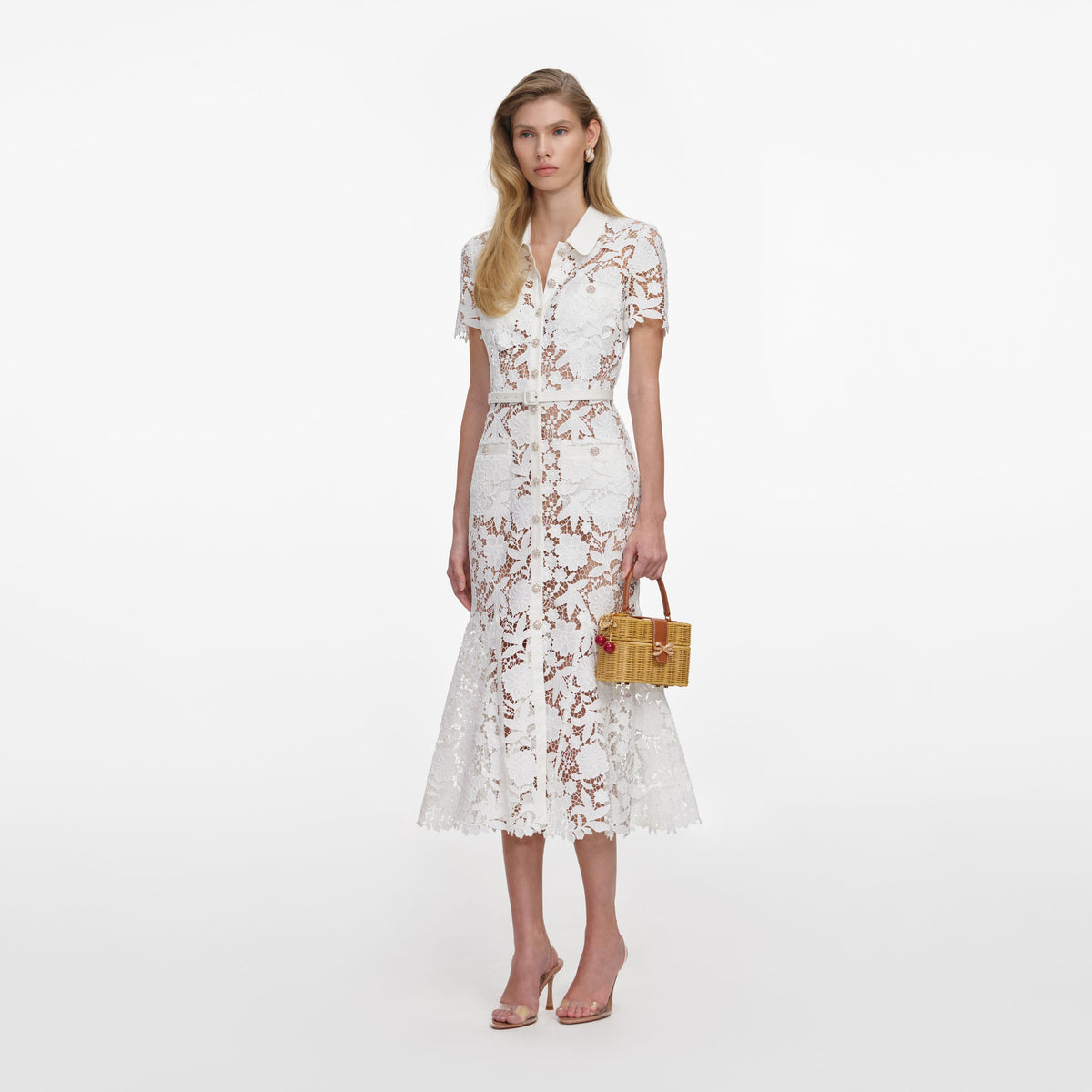 Self-Portrait - White Lace Collared Midi Dress