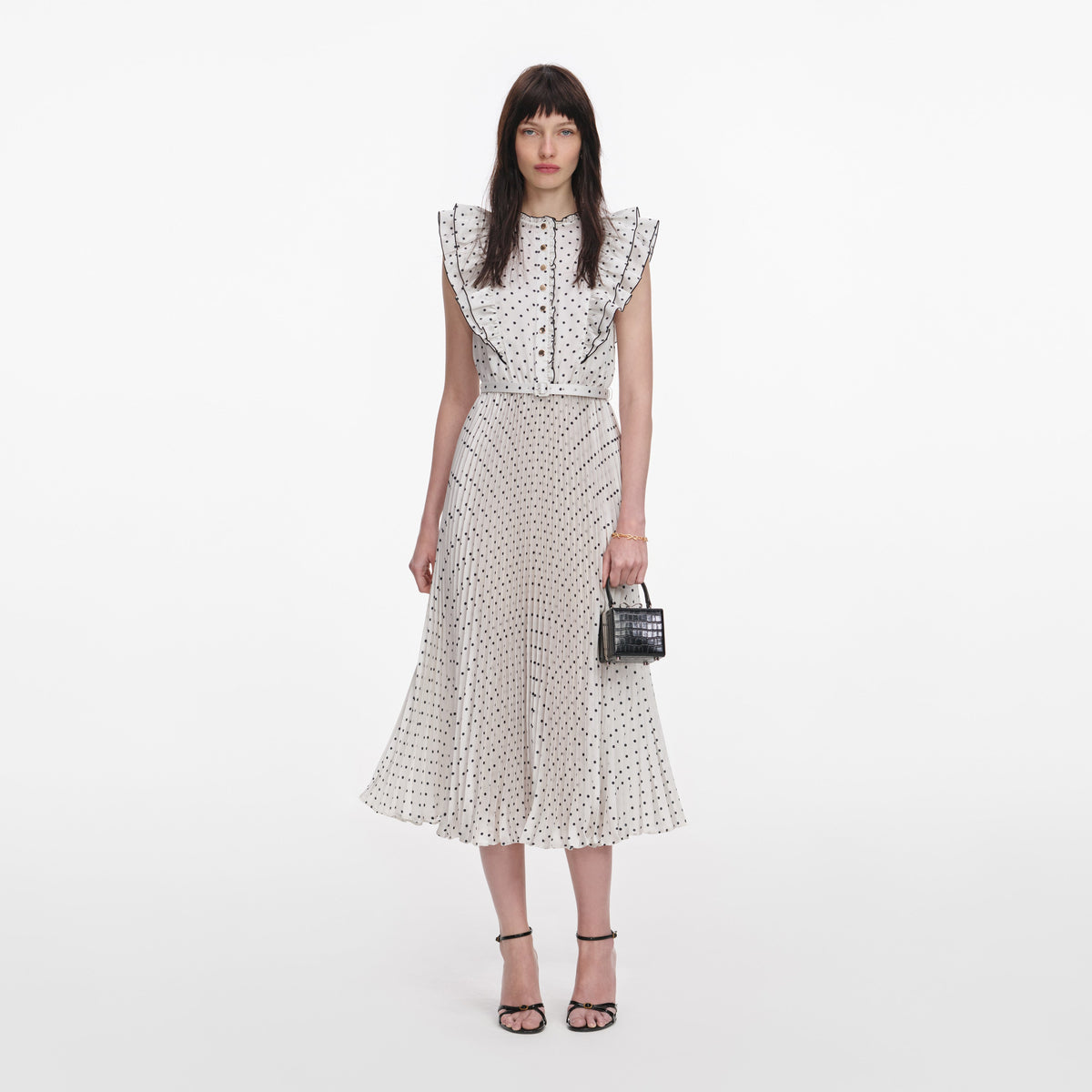 self portrait shirred polka dot midi dress self-portrait Shirred Polka Dot Midi Dress in Nude & Black